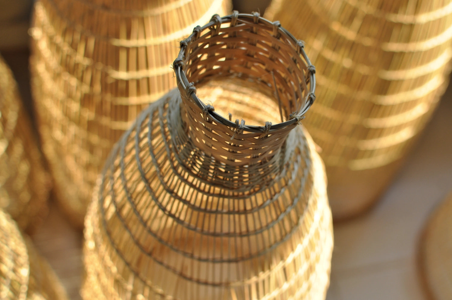 Close-up of a handwoven bamboo lamp