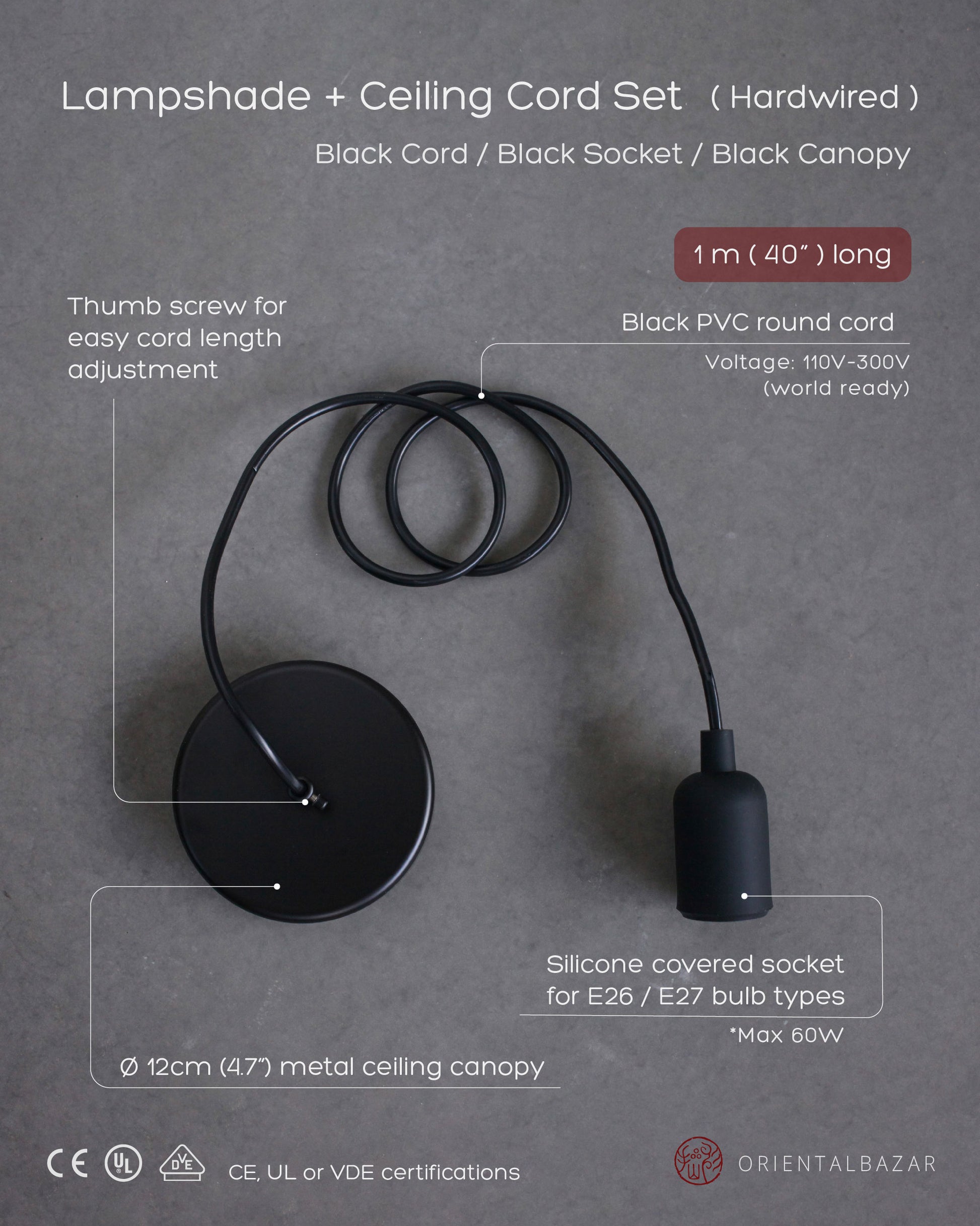 Ceiling cord set of black cord with black socket and canopy on a textured gray background with specification text