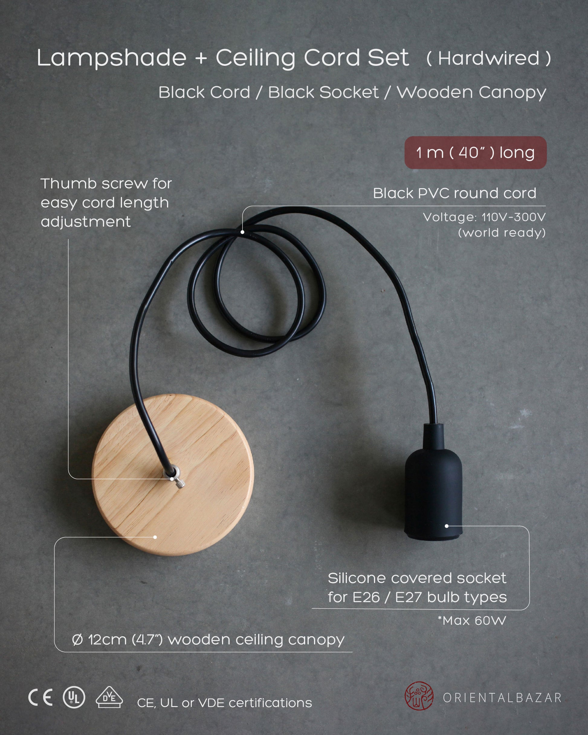 Ceiling cord set of black cord with black socket and wooden canopy on a textured gray background with specification text