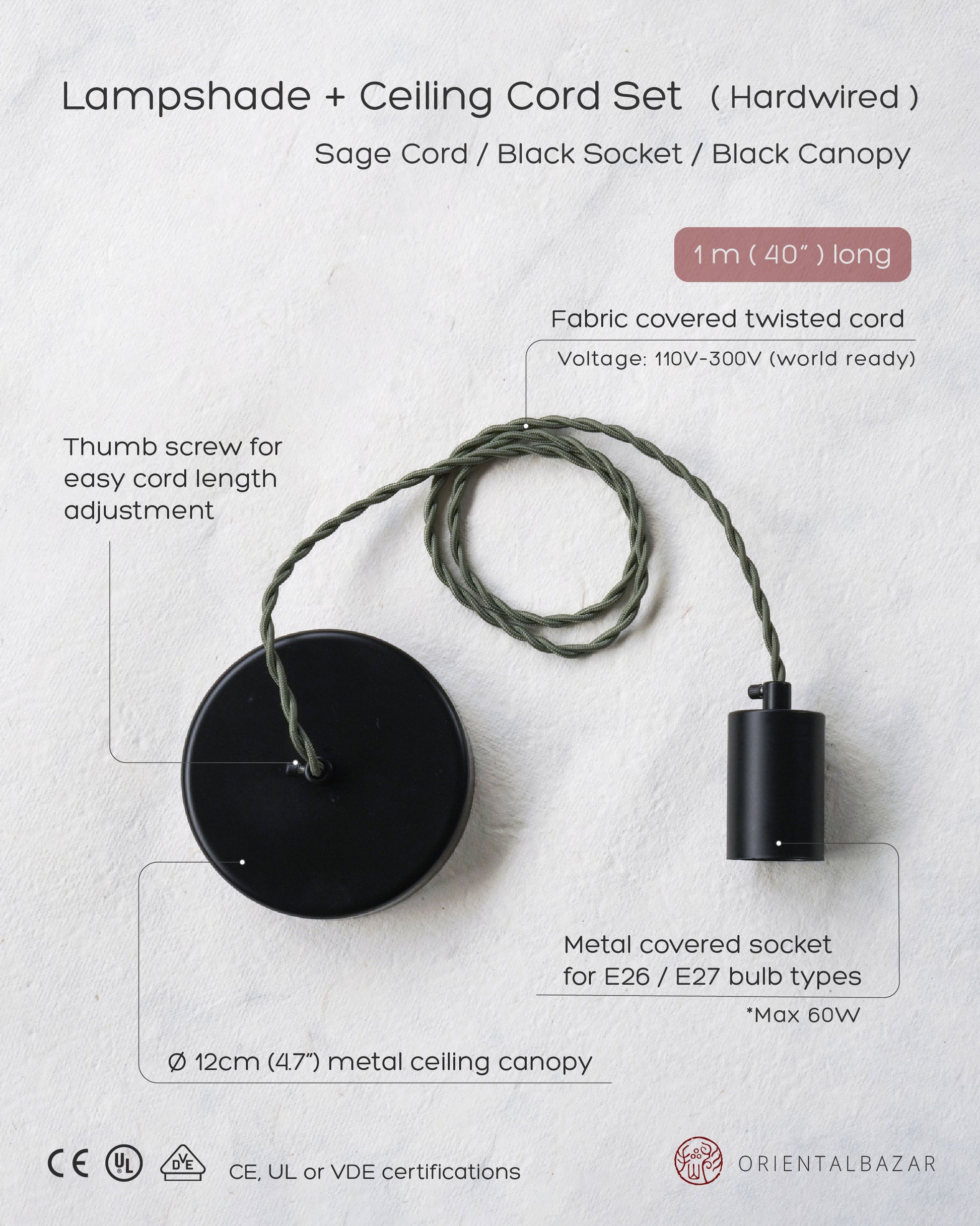 Ceiling cord set made of sage green cord with black socket and canopy on a textured white background with specification text
