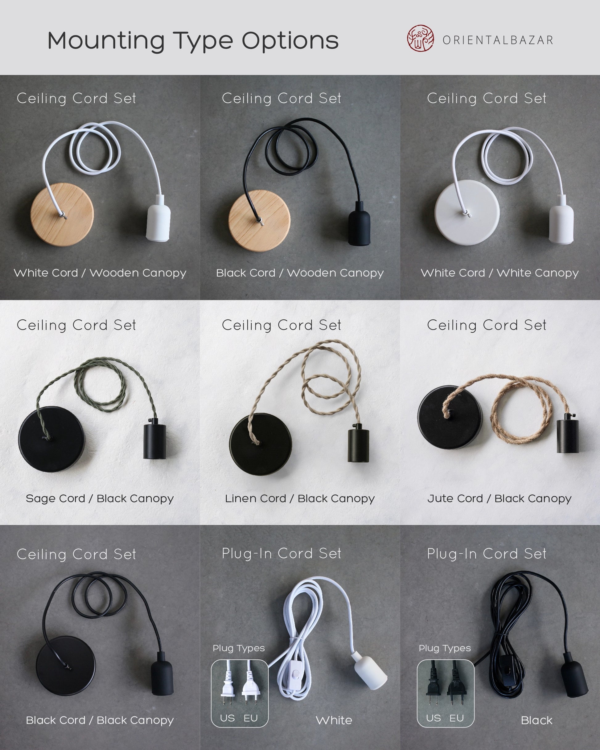 Various ceiling and plug-in cord set options with different cords and canopies on a gray and white background