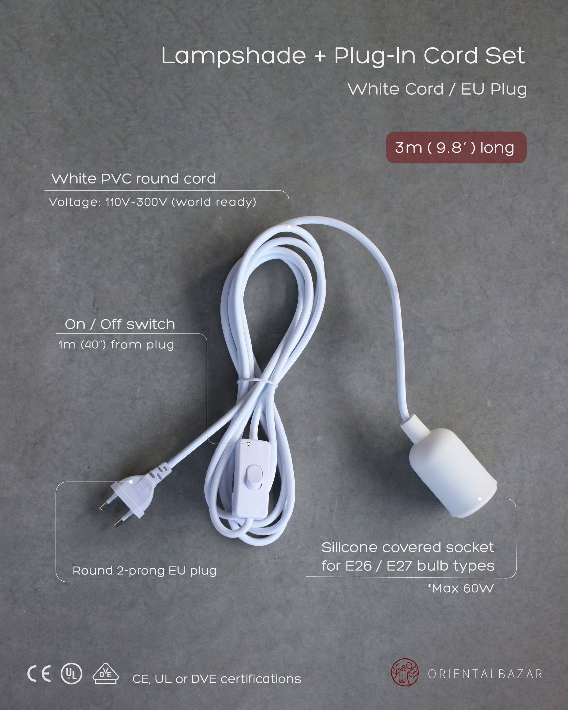 White plug-in cord set with on -off switch on a gray background, featuring text of product details