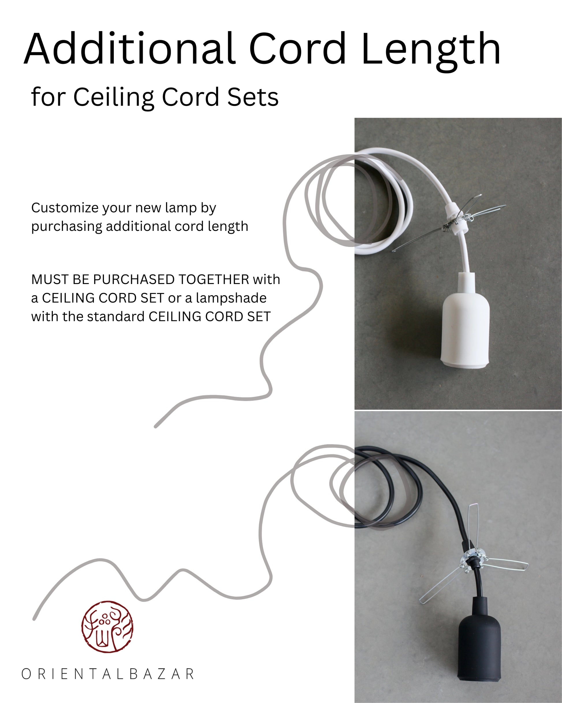 Graphic Design of additional cord length for ceiling cord sets with text, product images and white background