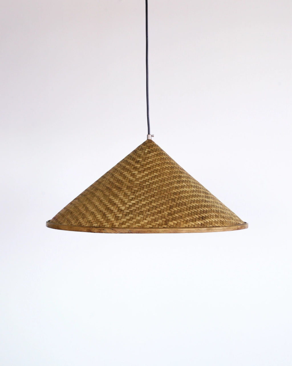 Asian hat shape woven Bamboo pendant light on a white background