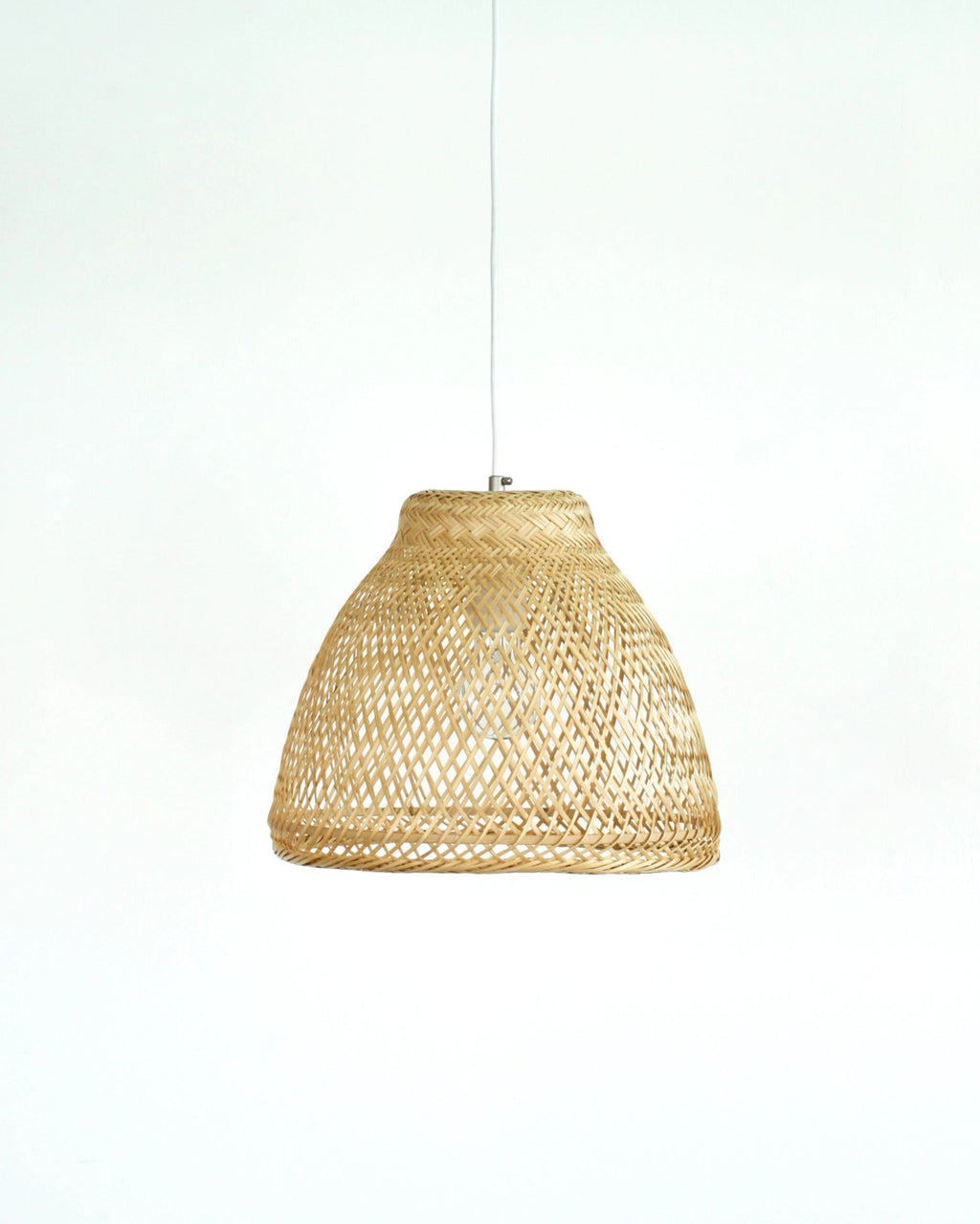 Wabi-sabi woven bamboo pendant light on a white background