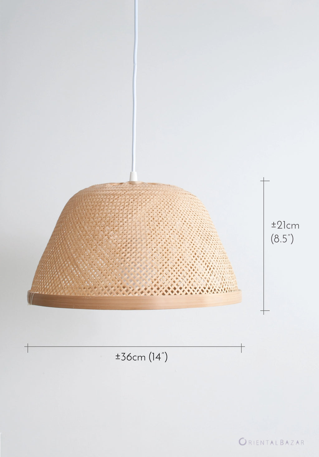 Woven bamboo pendant light with dimensions on a white background