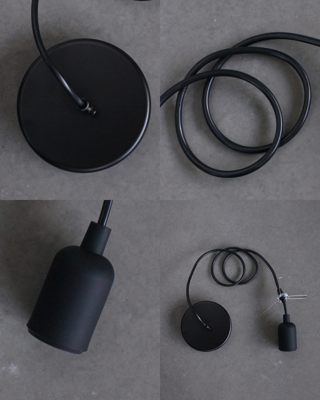 Black pendant light components on a gray surface