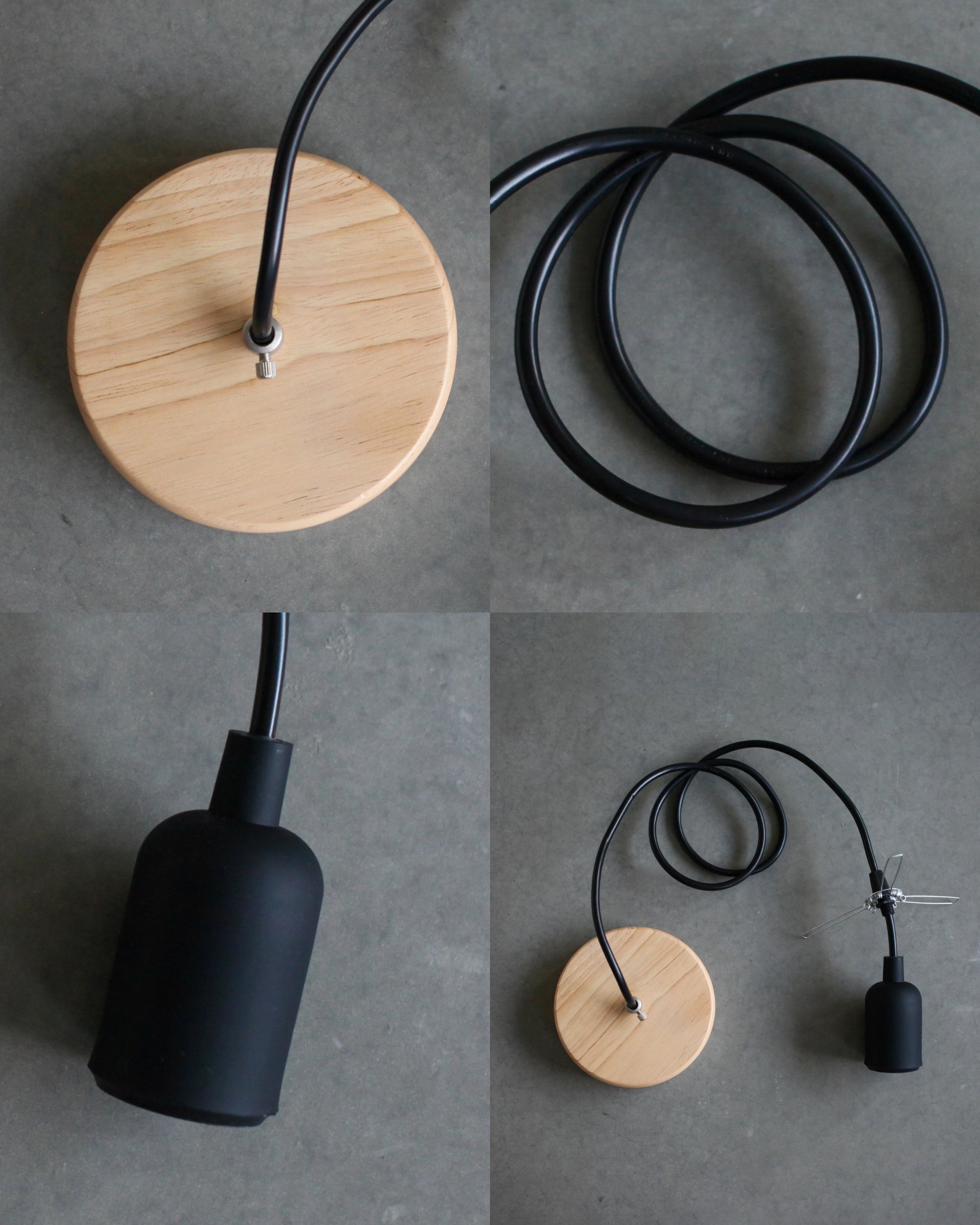 Collage of a pendant light with wooden base and black cord on a gray surface.