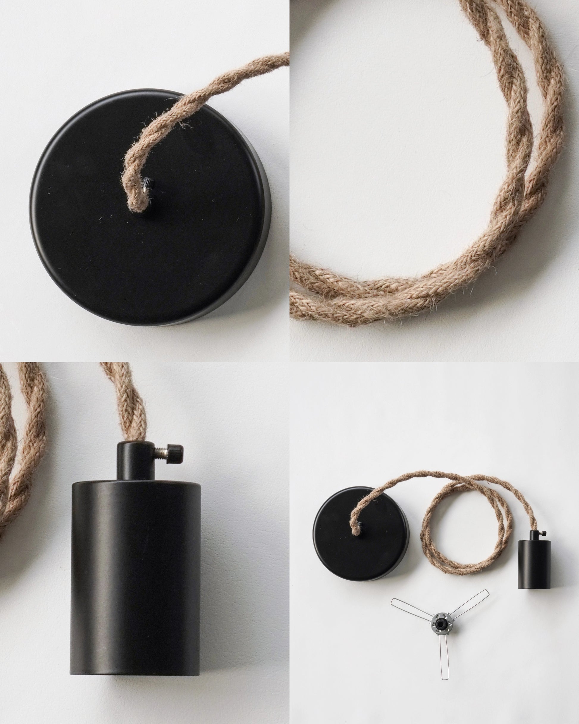 Collage of a pendant light with rope jute cord, black canopy and socket on a white background