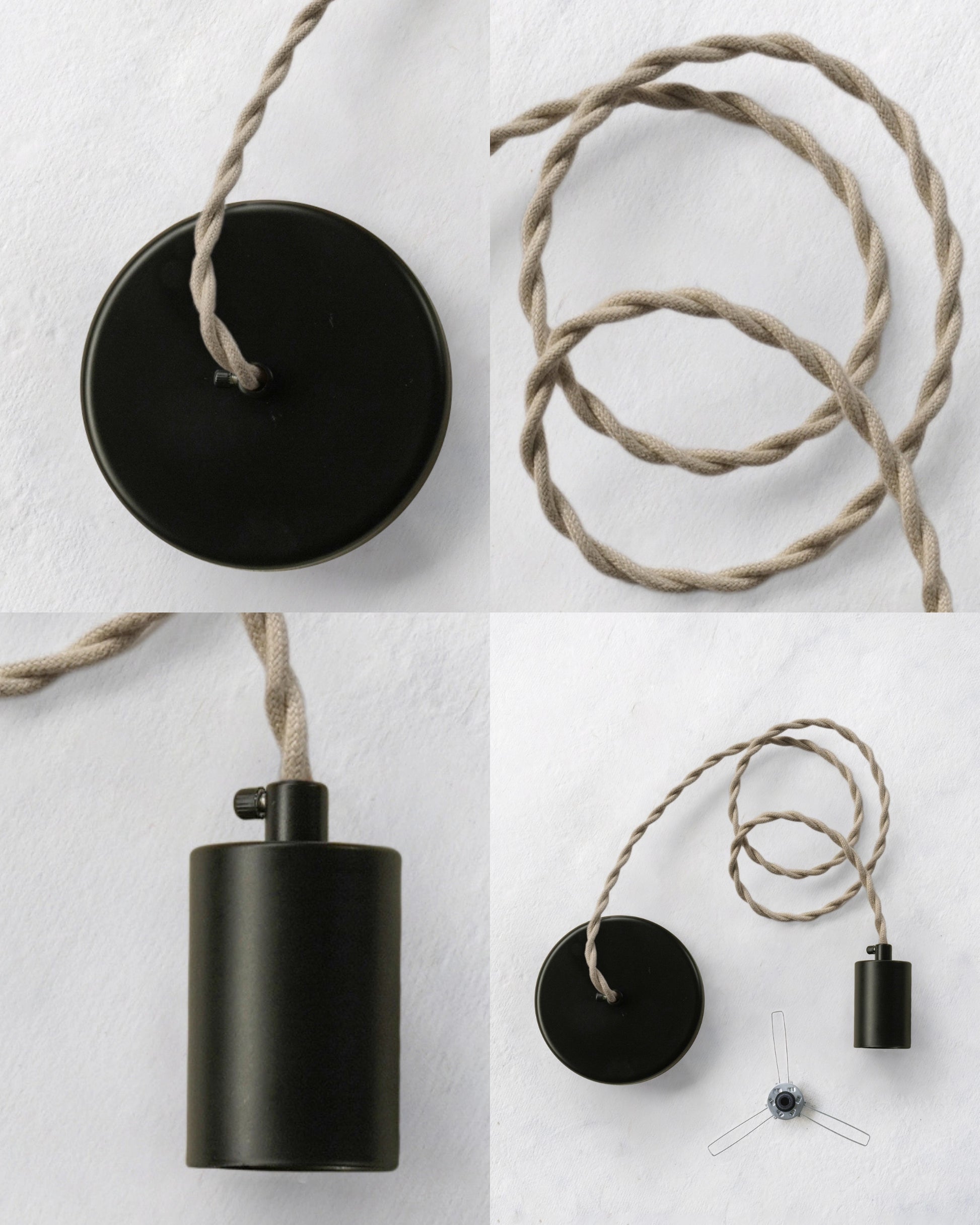 Collage of pendant lamp with twisted beige cord, black canopy and socket on a white background