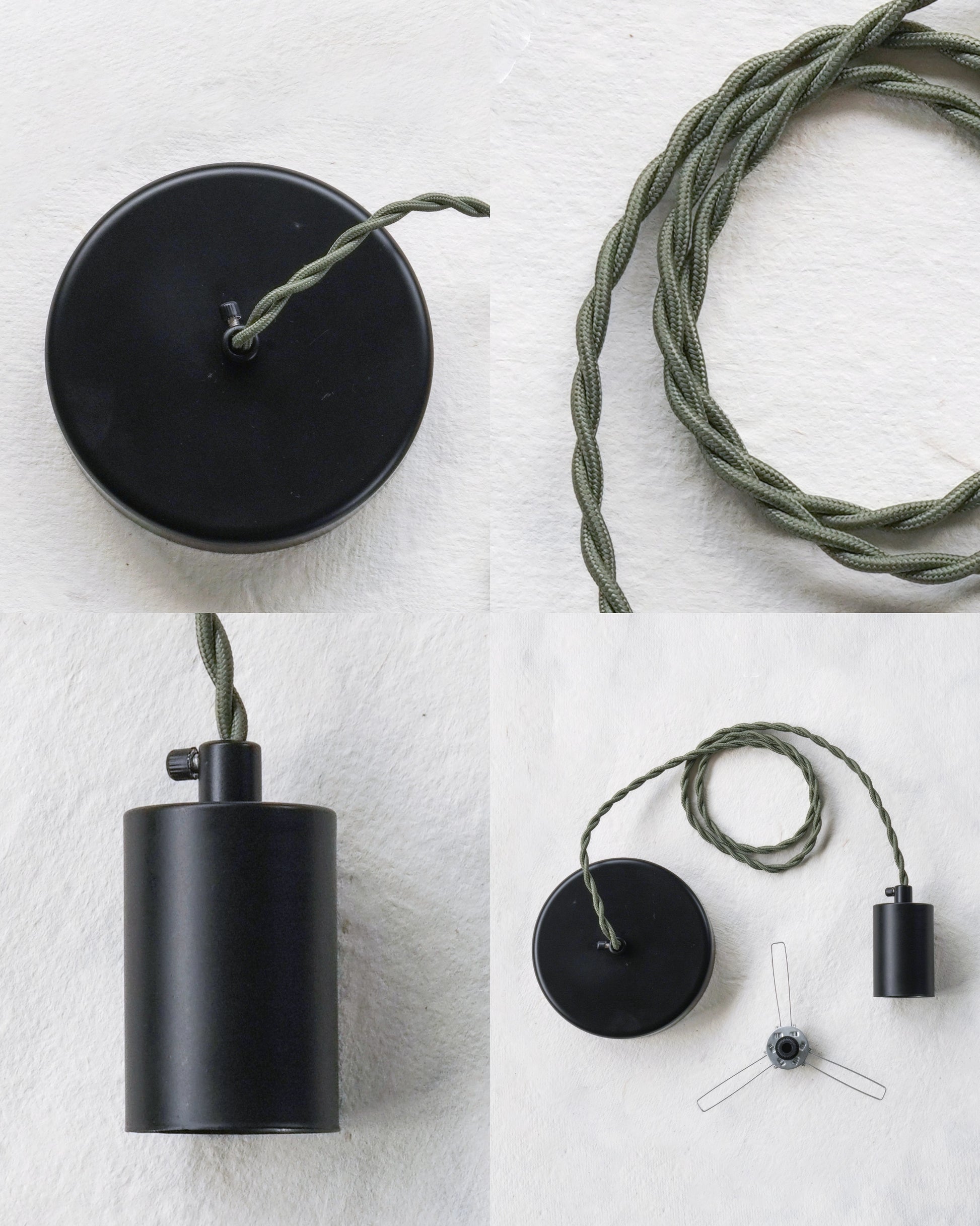 Collage of a pendant lamp with components including a socket, sage green cord, and ceiling mount on a white background.