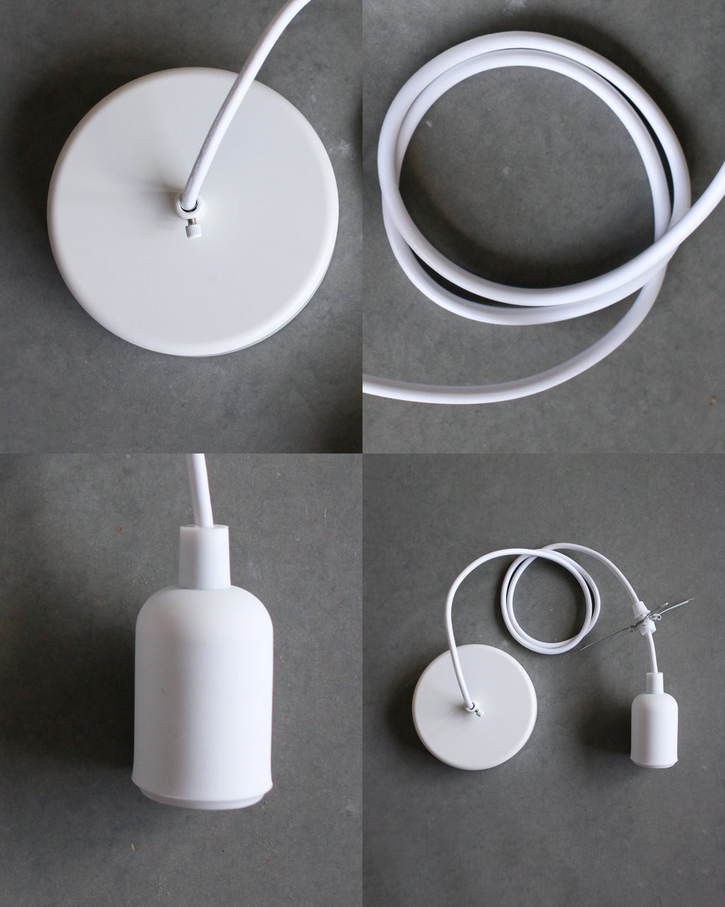 Collage of a white pendant light with components including ceiling plate, socket, and cable on a gray background.