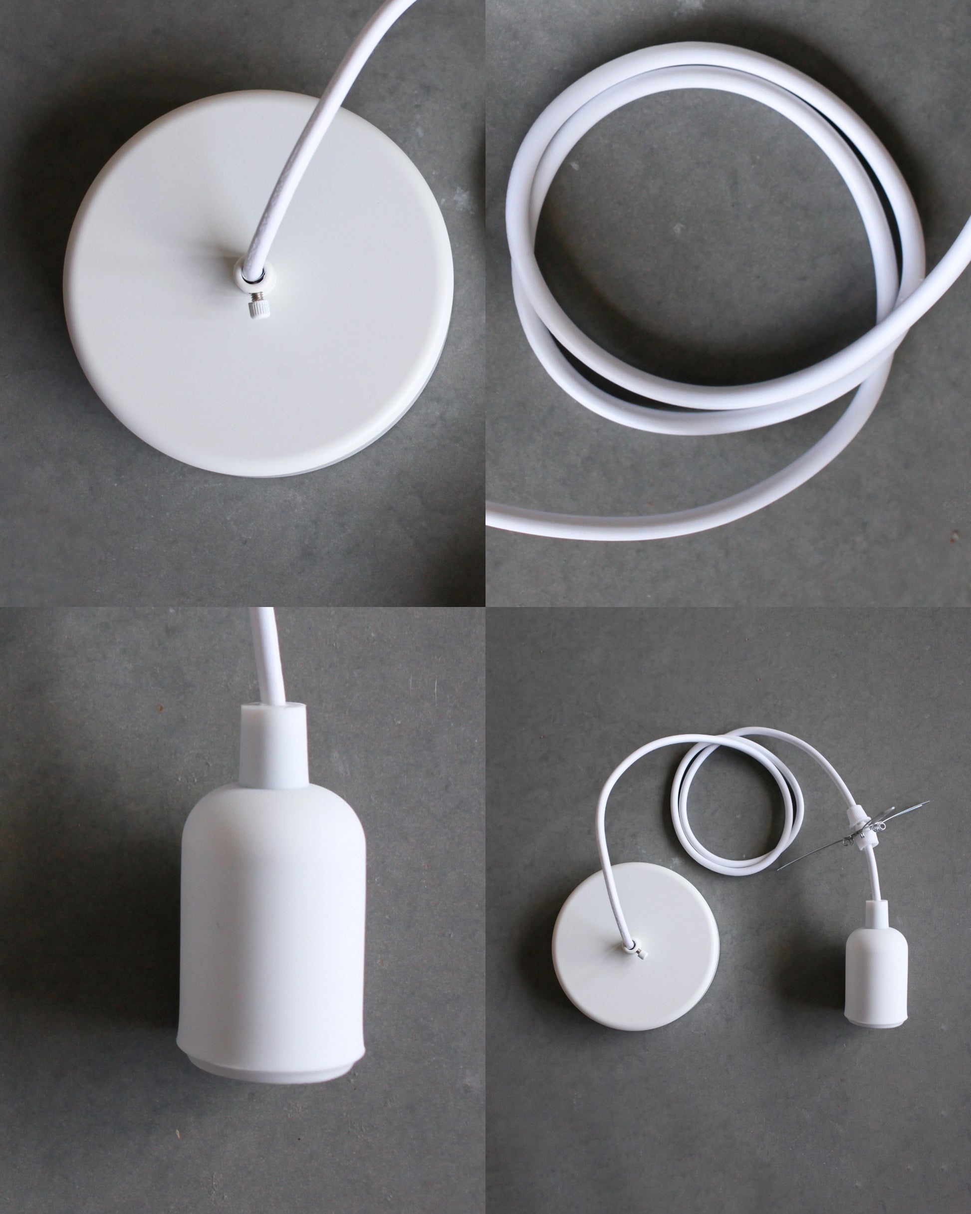 Collage of a white pendant light with components including ceiling plate, socket, and cable on a gray background.