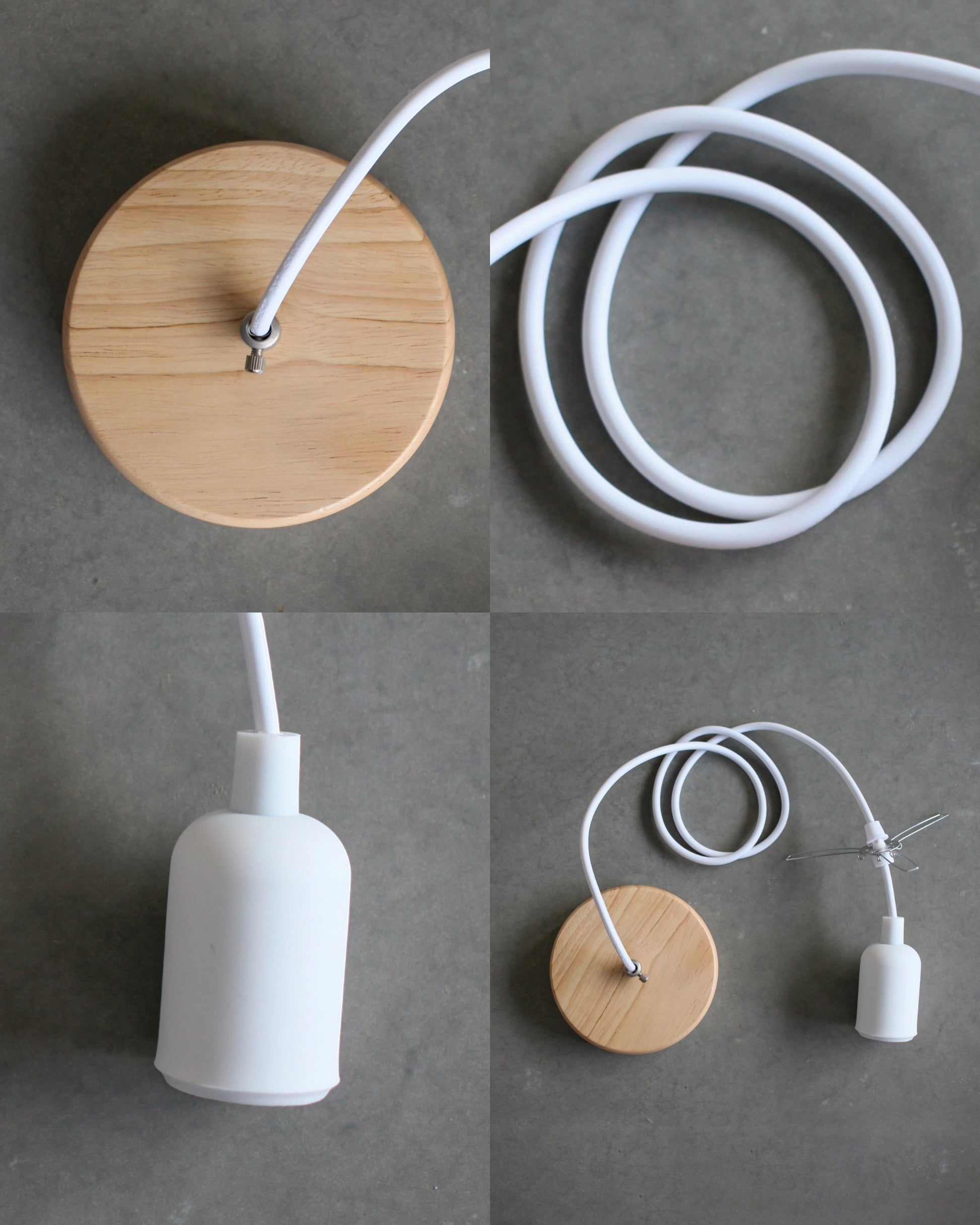 Collage of pendant light with wooden canopy, white cord, and white socket on a gray surface