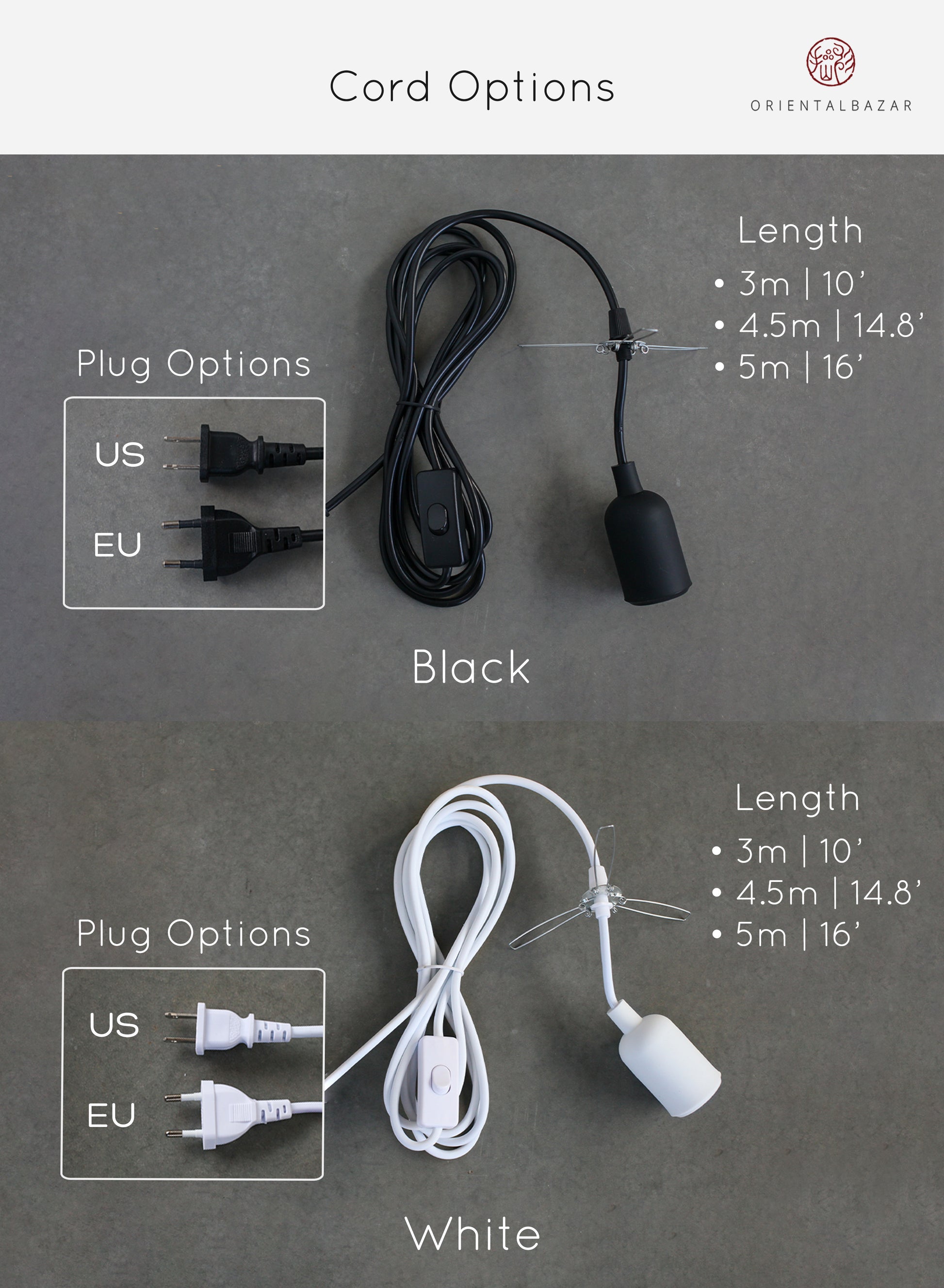 Plug-in cord options with black and white cables on a gray background.