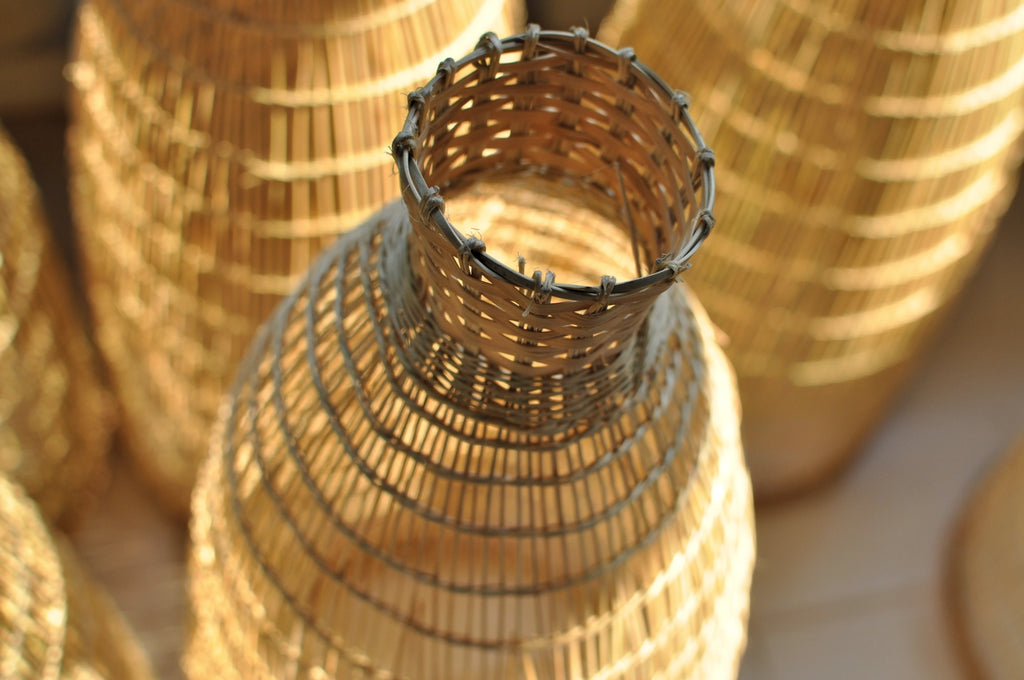 Close-up of a handwoven bamboo lamp
