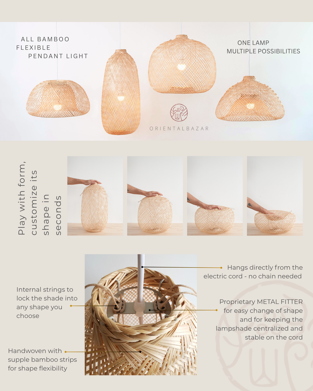 Specification sheet of a bamboo pendant light with customizable shape and features