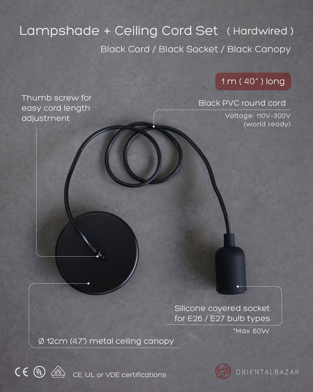 Ceiling cord set of black cord with black socket and canopy on a textured gray background with specification text