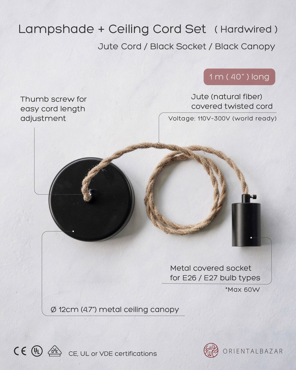 Ceiling cord set, jute cord with black socket and canopy on a textured white background