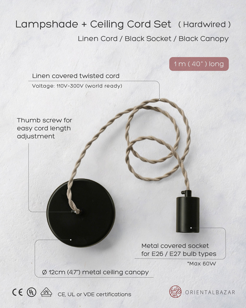 Ceiling cord set, oatmeal color set with black socket and canopy on a light background