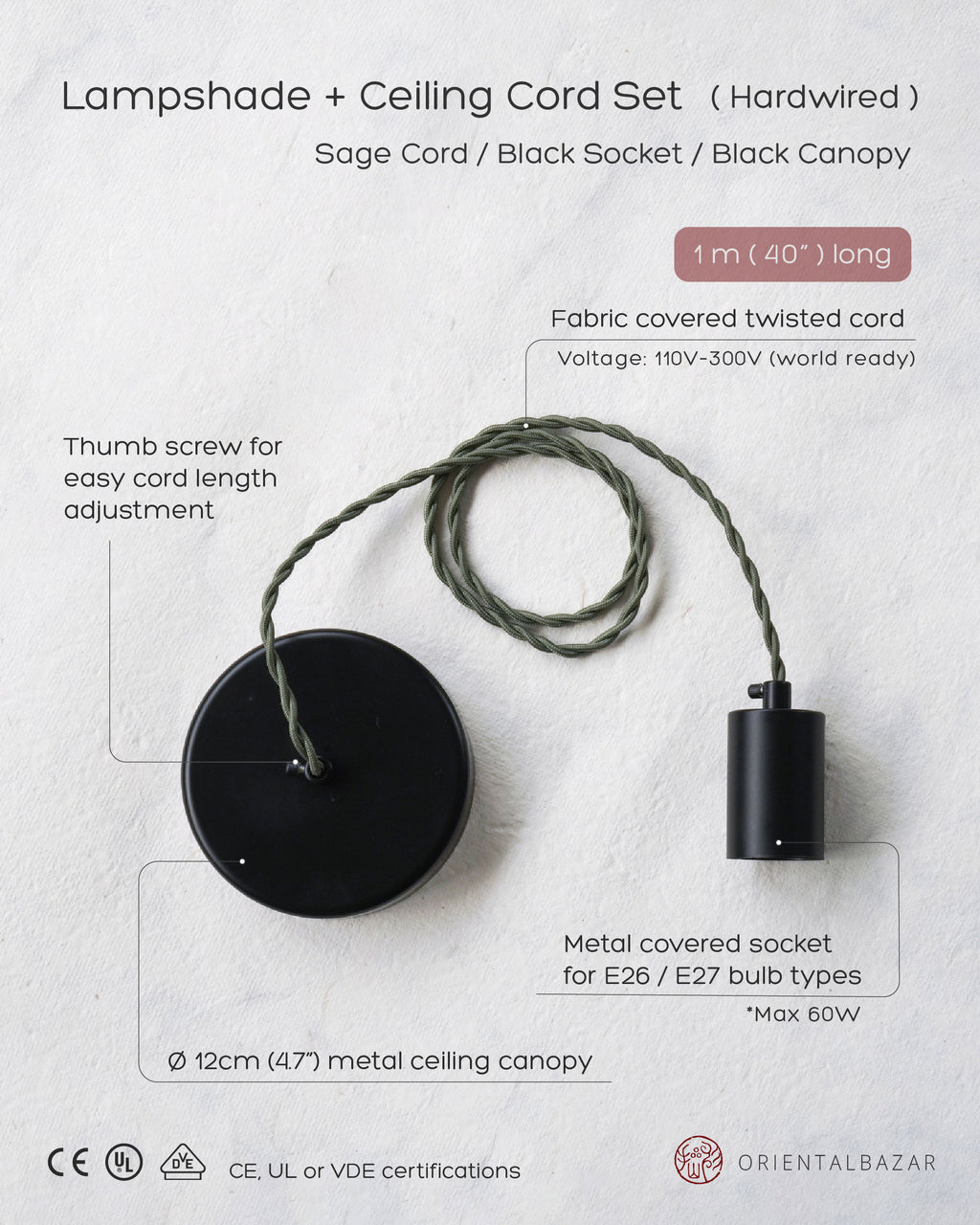 Ceiling cord set made of sage green cord with black socket and canopy on a textured white background with specification text