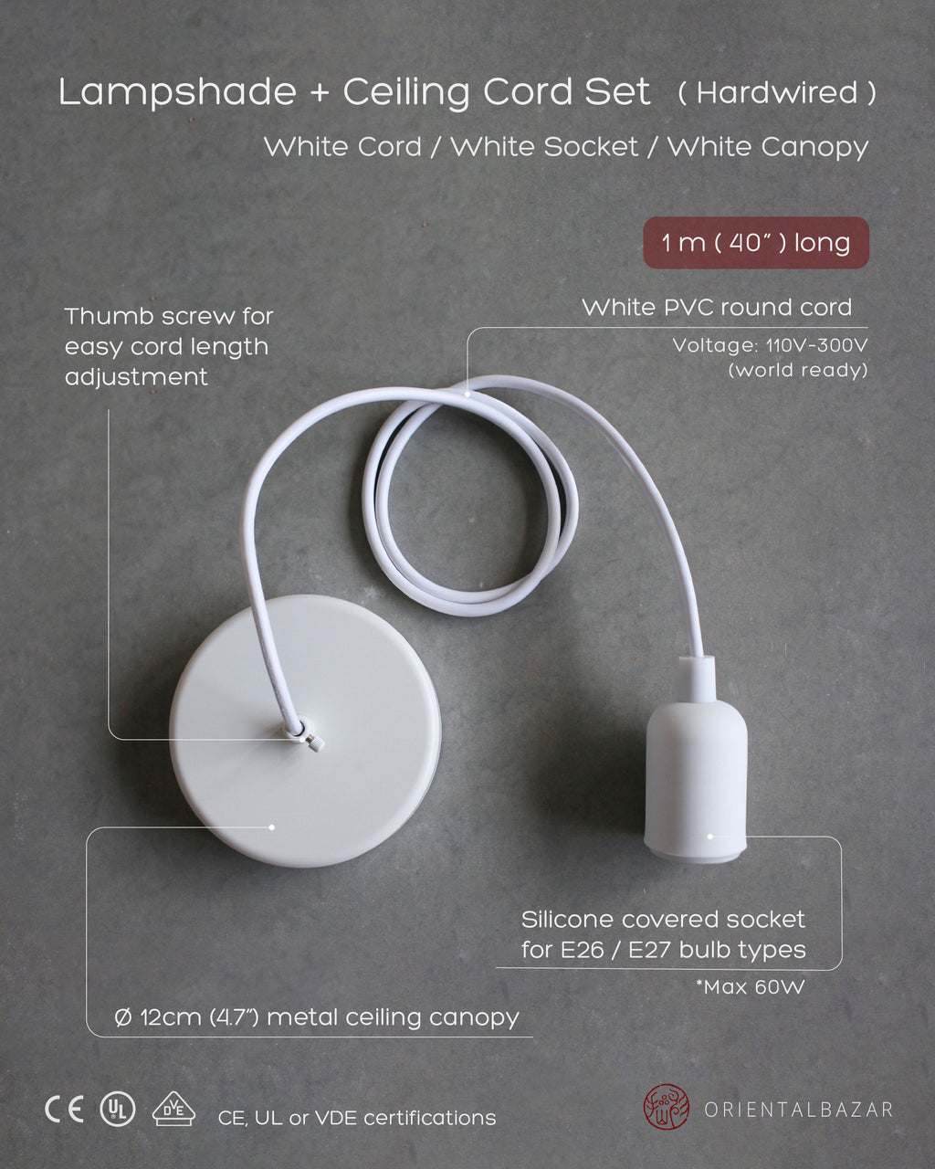 Spec sheet of a ceiling cord set with white canopy, socket and cord on a gray background