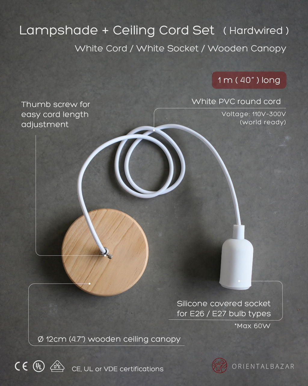 Spec sheet of a ceiling cord set with wooden canopy and white cord on a gray background