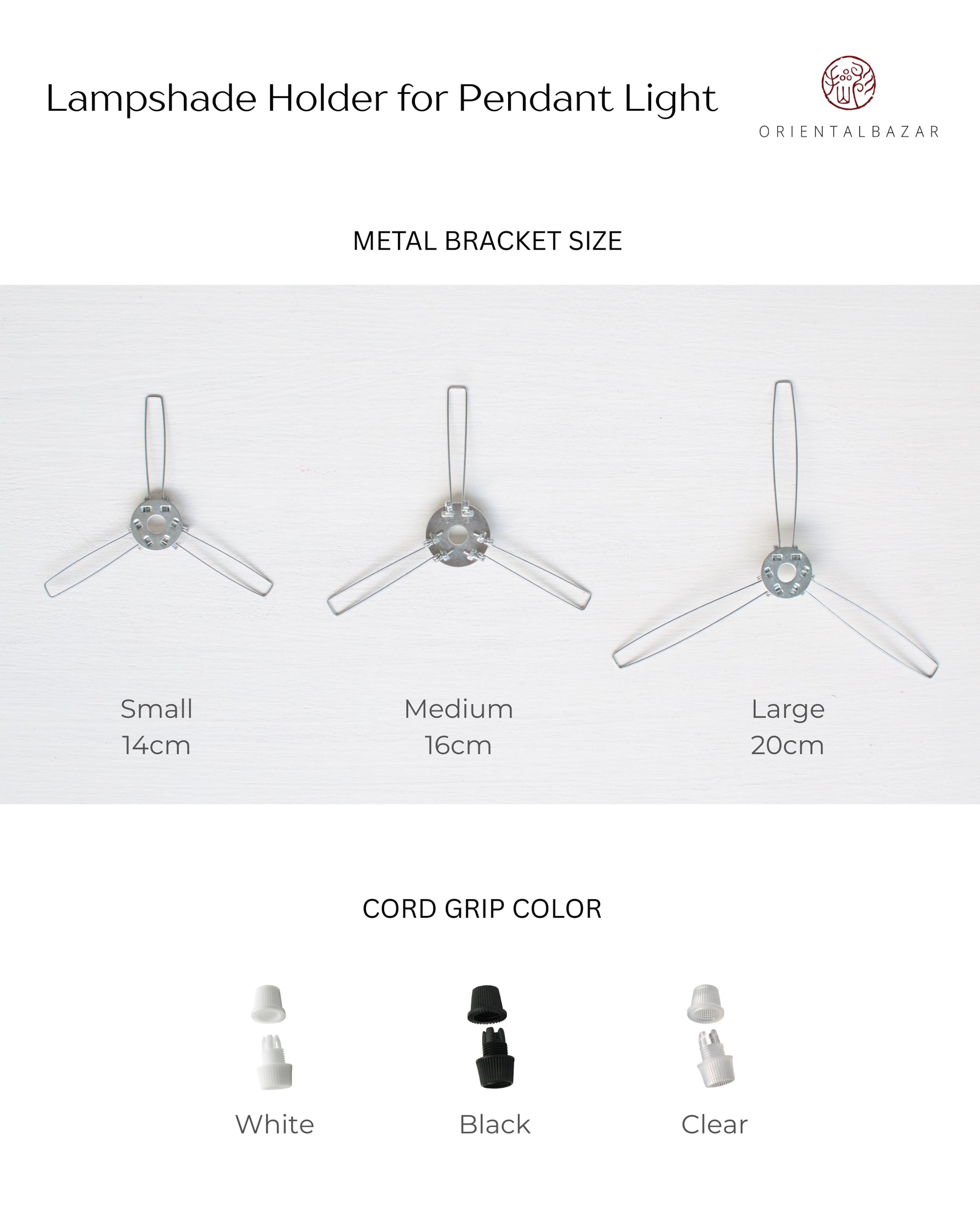 Lampshade holder for pendant light with metal bracket sizes and cord grip color options on a white background.