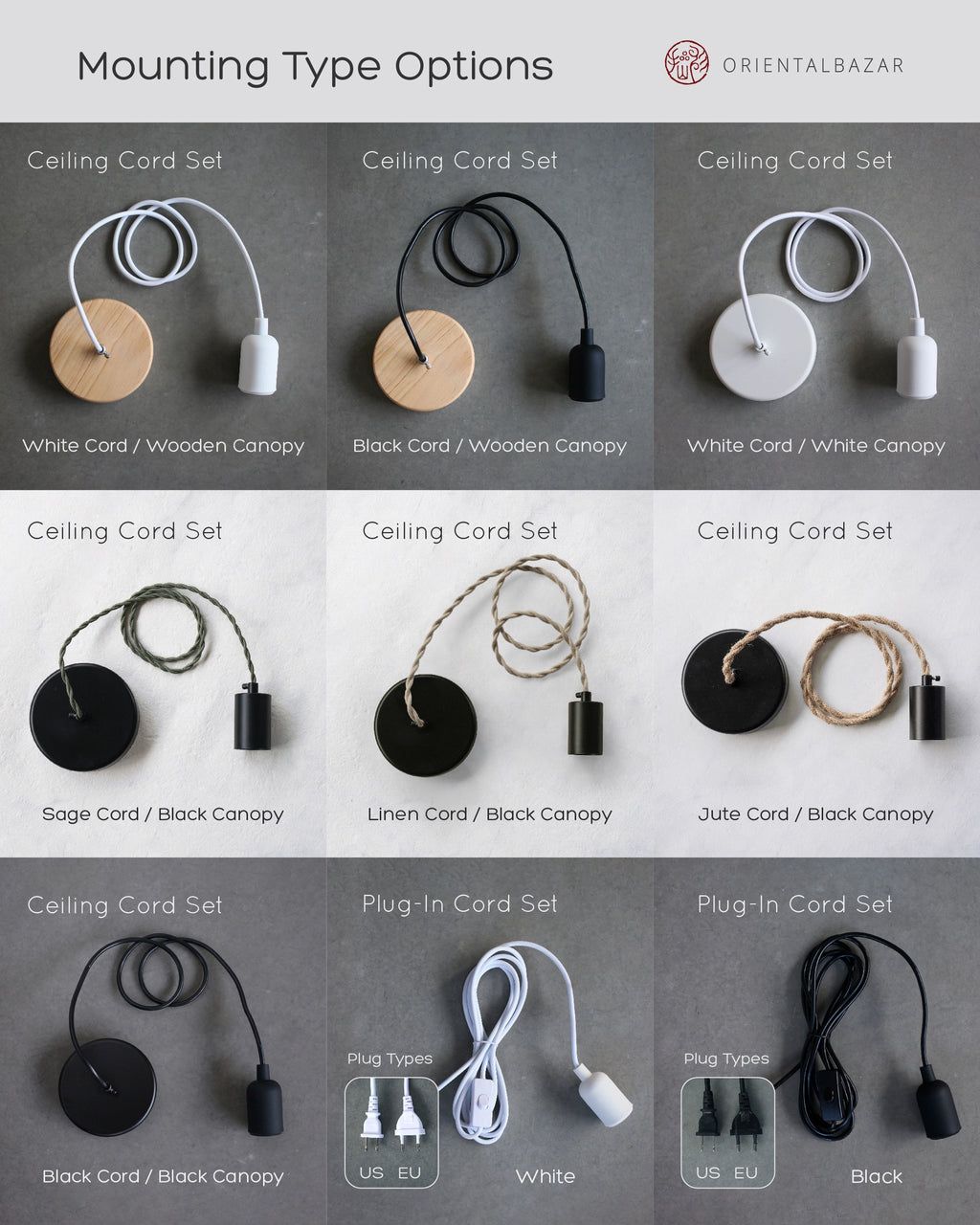 Various ceiling and plug-in cord set options with different cords and canopies on a gray and white background