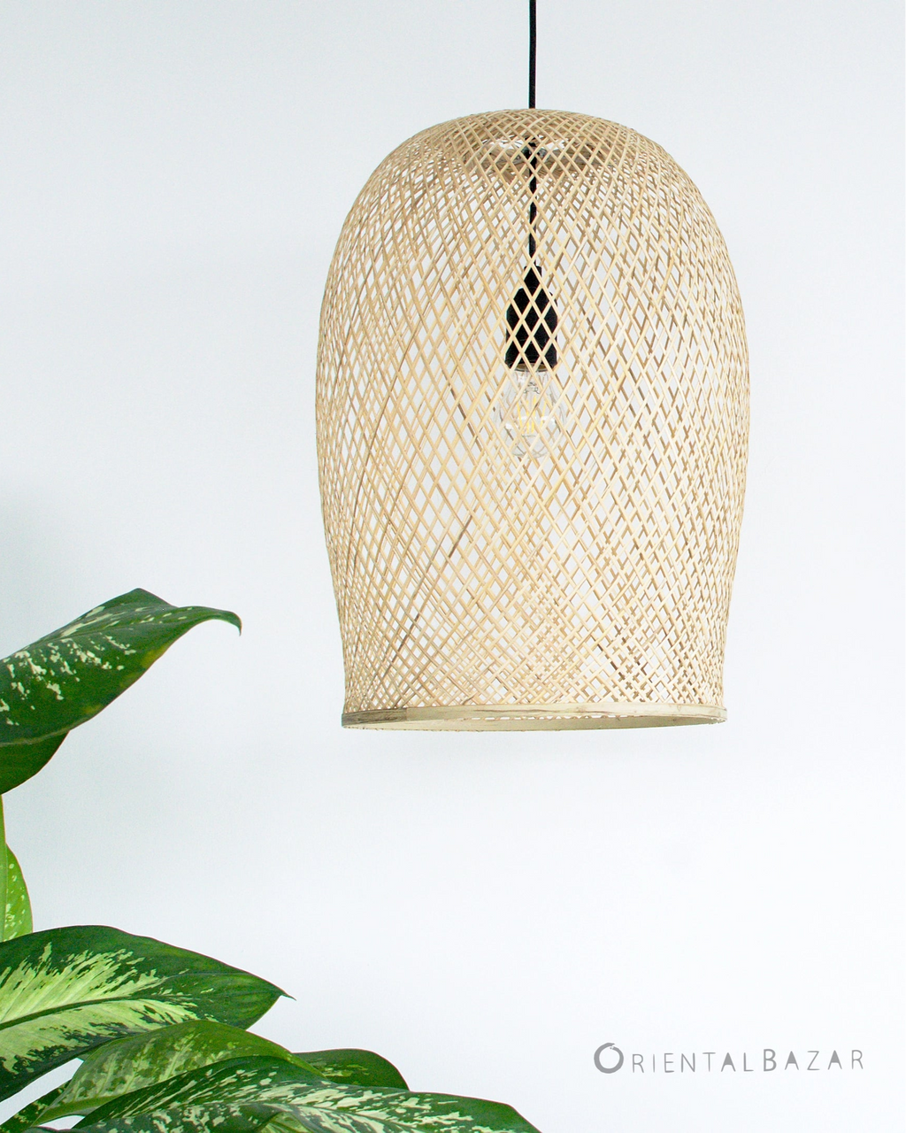 Woven bamboo pendant light with a plant on a white background
