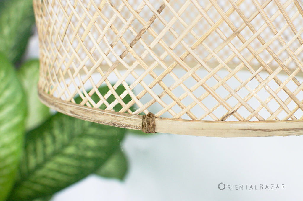 Close-up of a woven bamboo lampshade with a hemp blurred green plant in the background