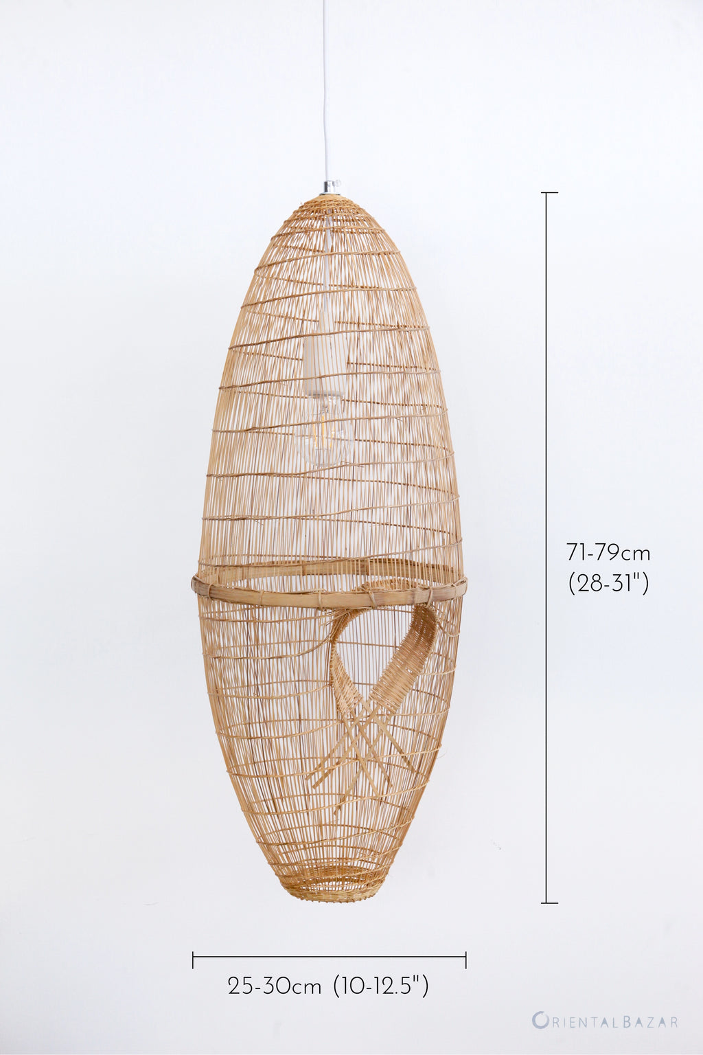 Woven bamboo fish-trap pendant light with dimensions on a white background
