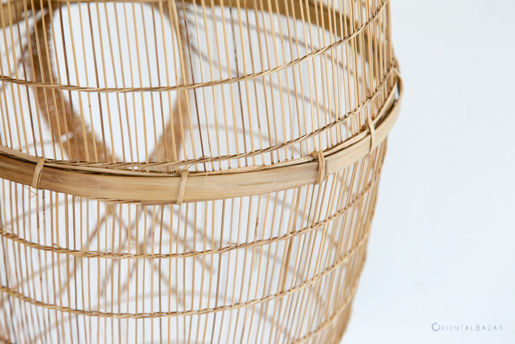 Close-up of a bamboo and rattan lamp on a white background