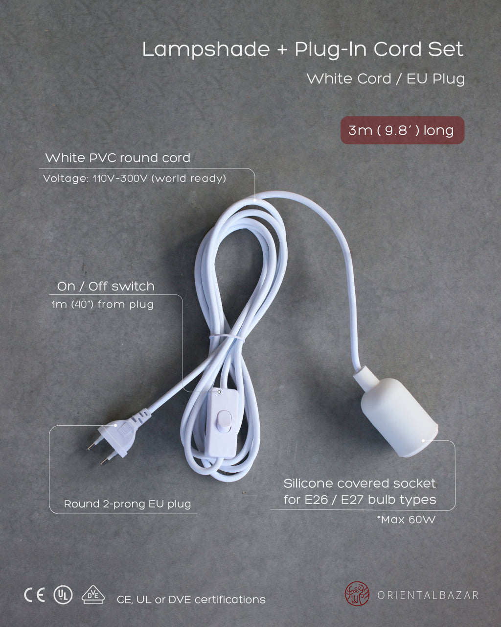 White plug-in cord set with on -off switch on a gray background, featuring text of product details