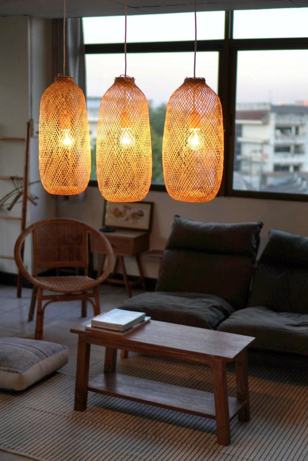 Set of 3 Flexible Bamboo Pendant Lights, Natural Color - 3xPL05