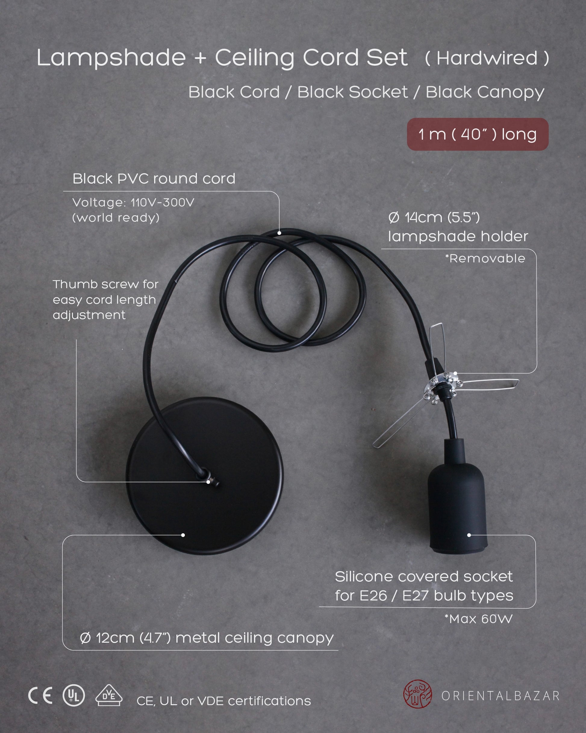 Black ceiling cord set with technical details on a gray background