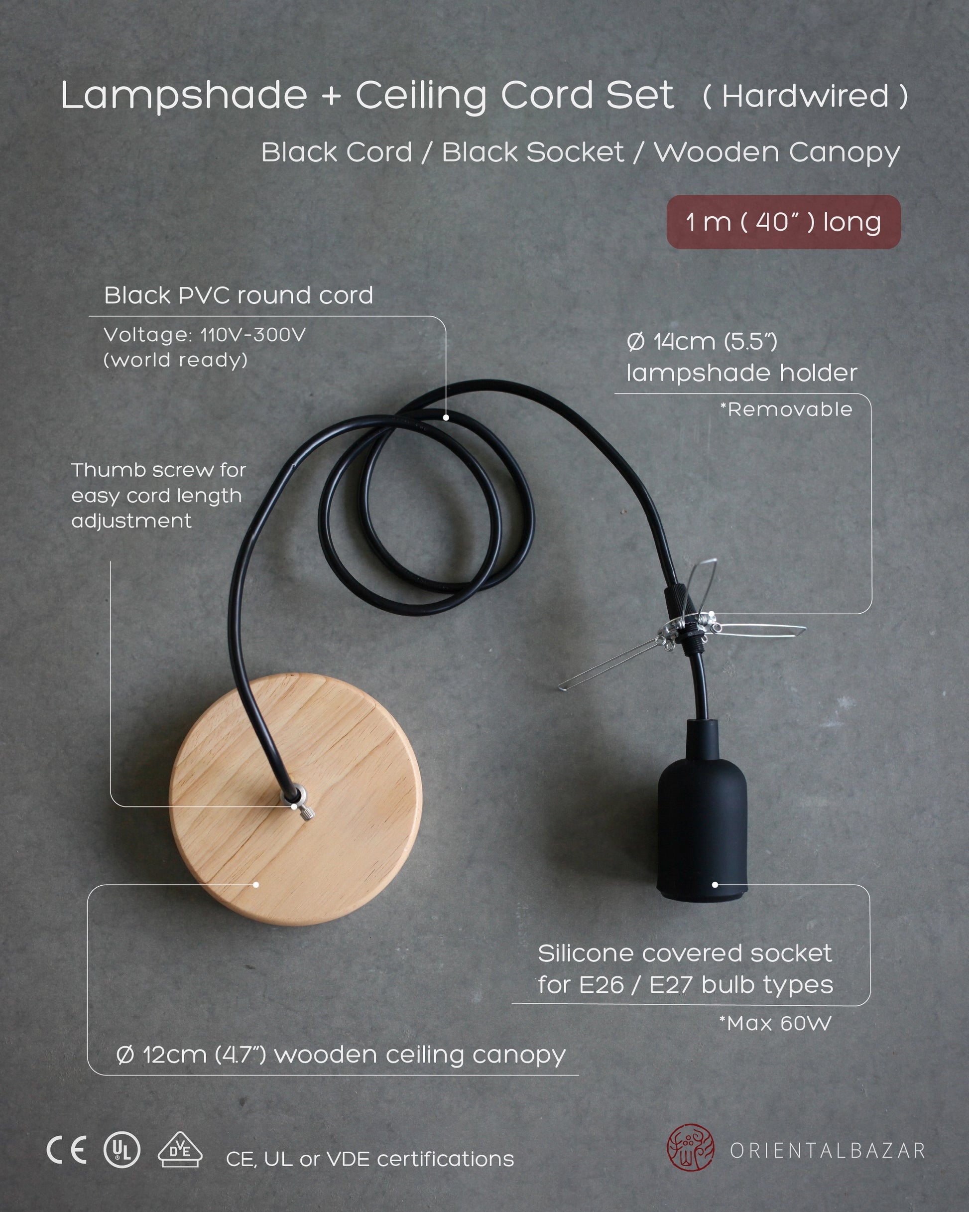 Black hardwired lamp set with wooden canopy, with specifications on a gray background