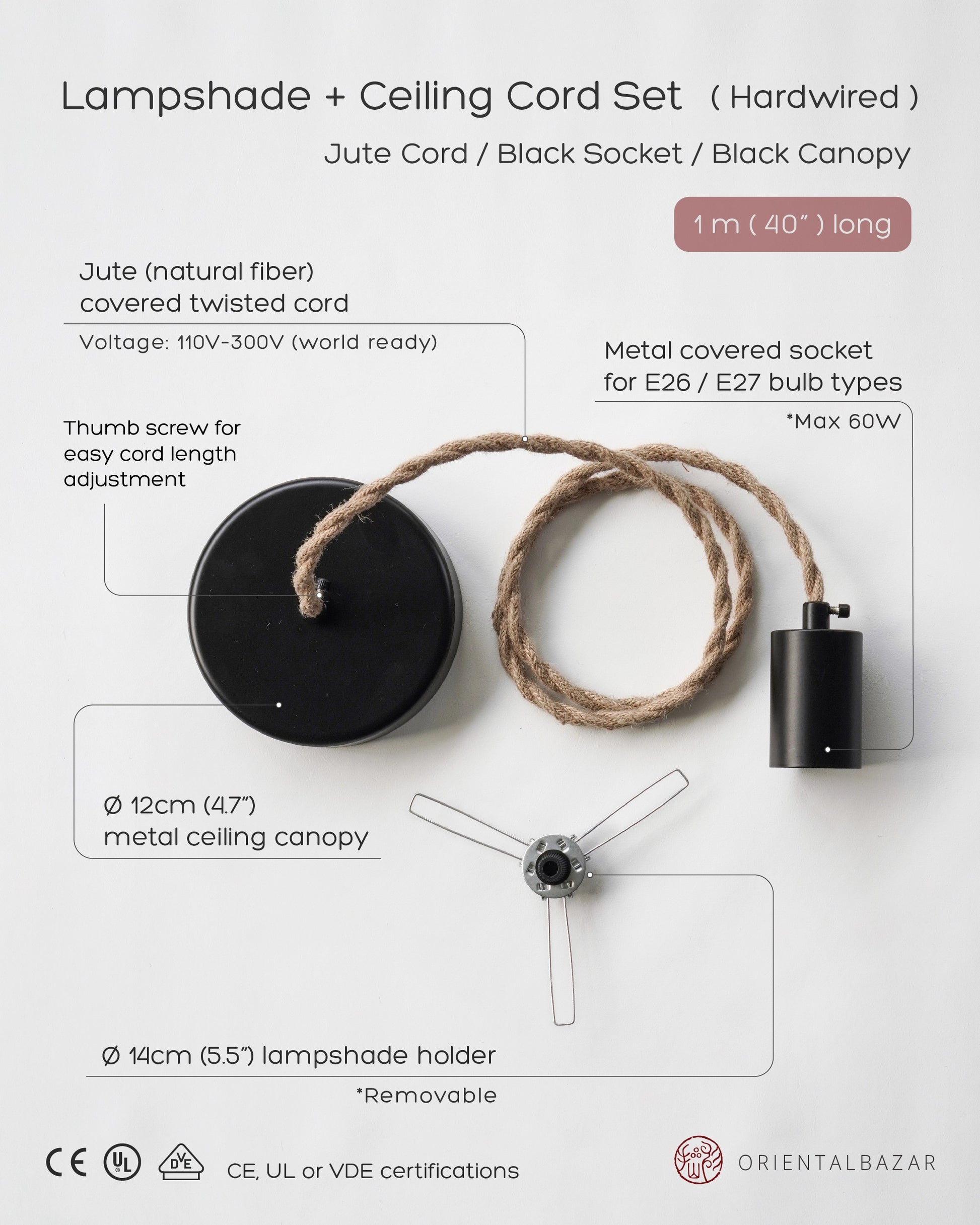 Hardwired lamp set with natural rope cord and black fixtures, with specifications on a light gray background