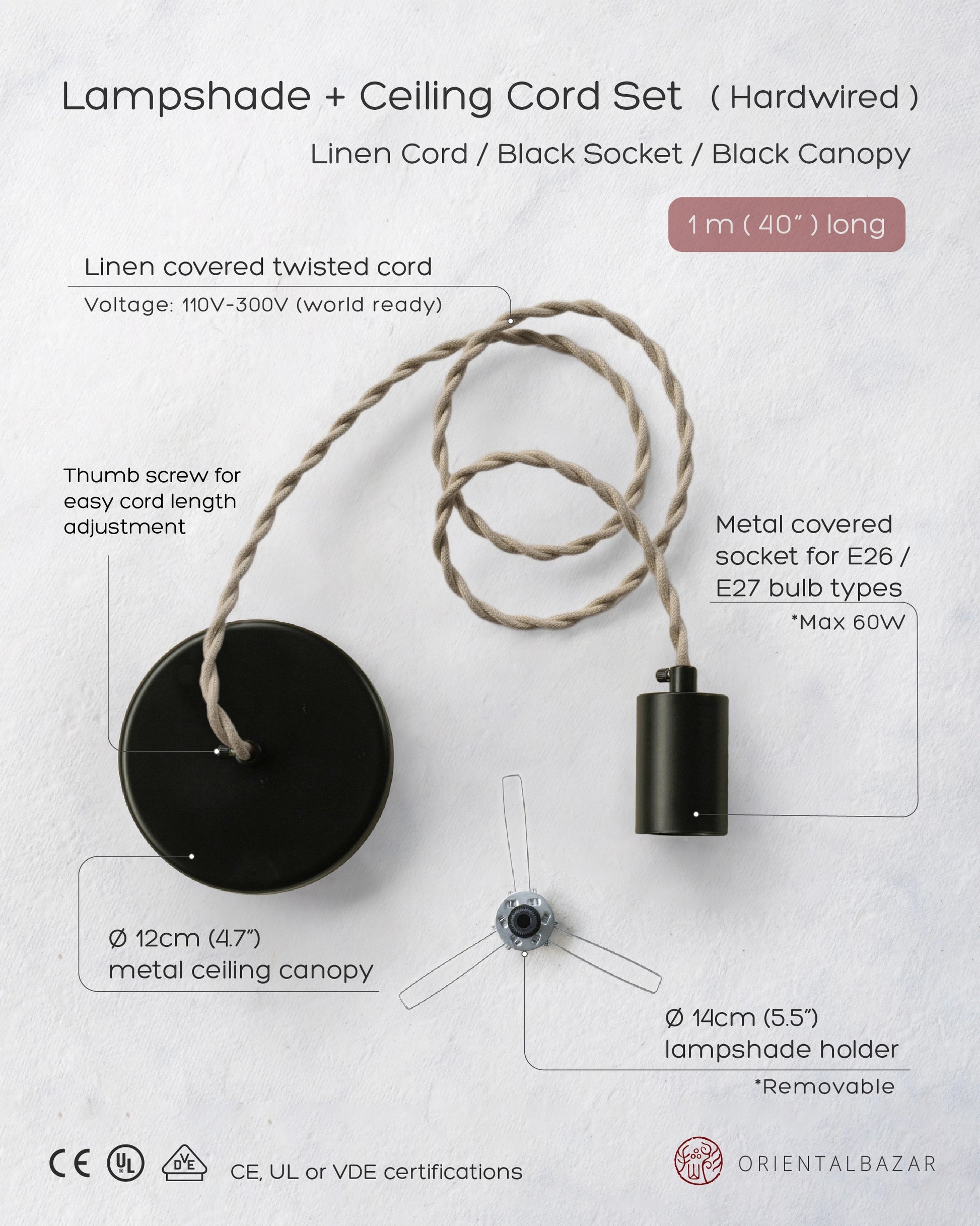 Hardwired lamp set with beige cord and black fixtures, with specifications on a light gray background