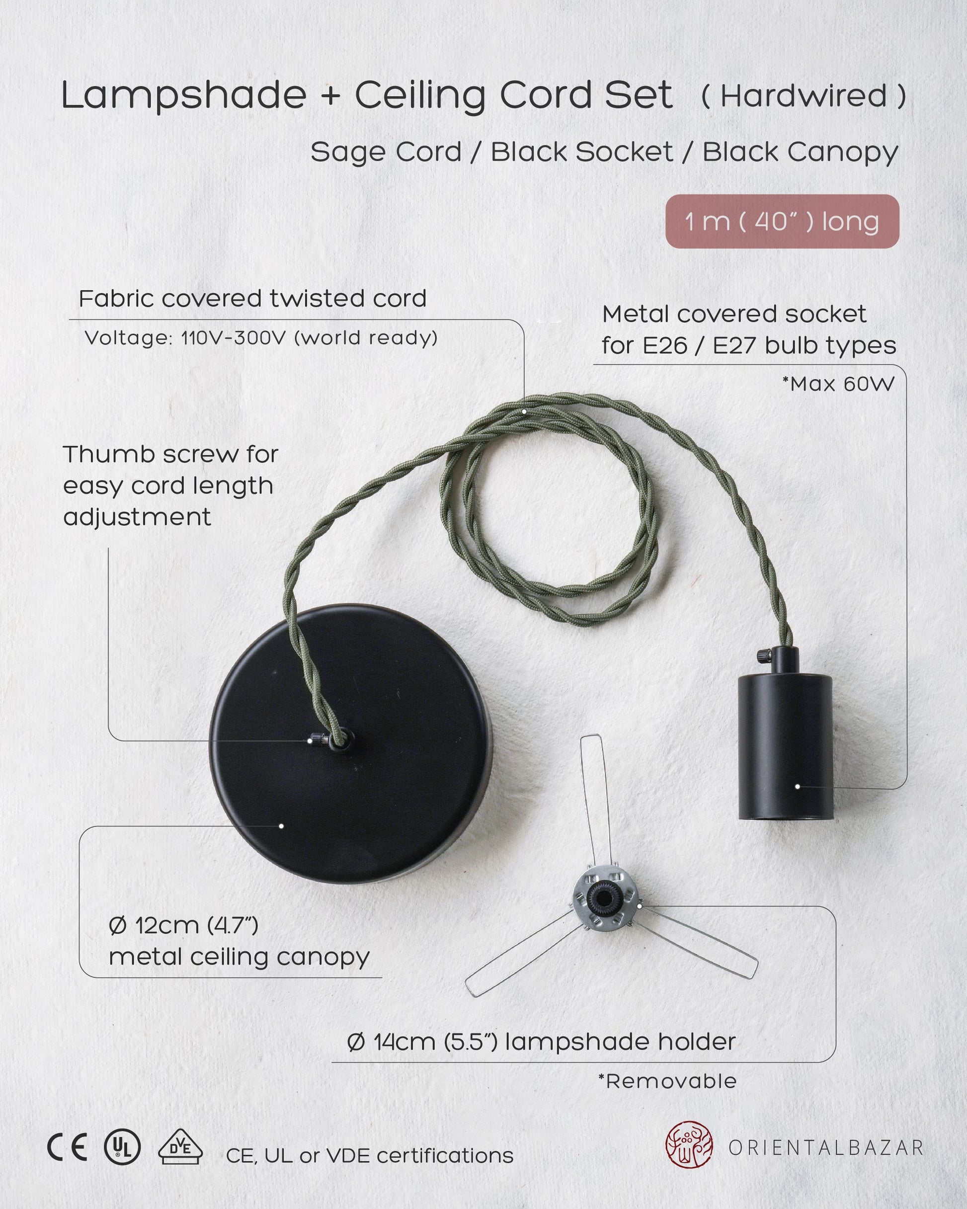 Hardwired lamp set with green cord and black fixtures, with specifications on a light gray background