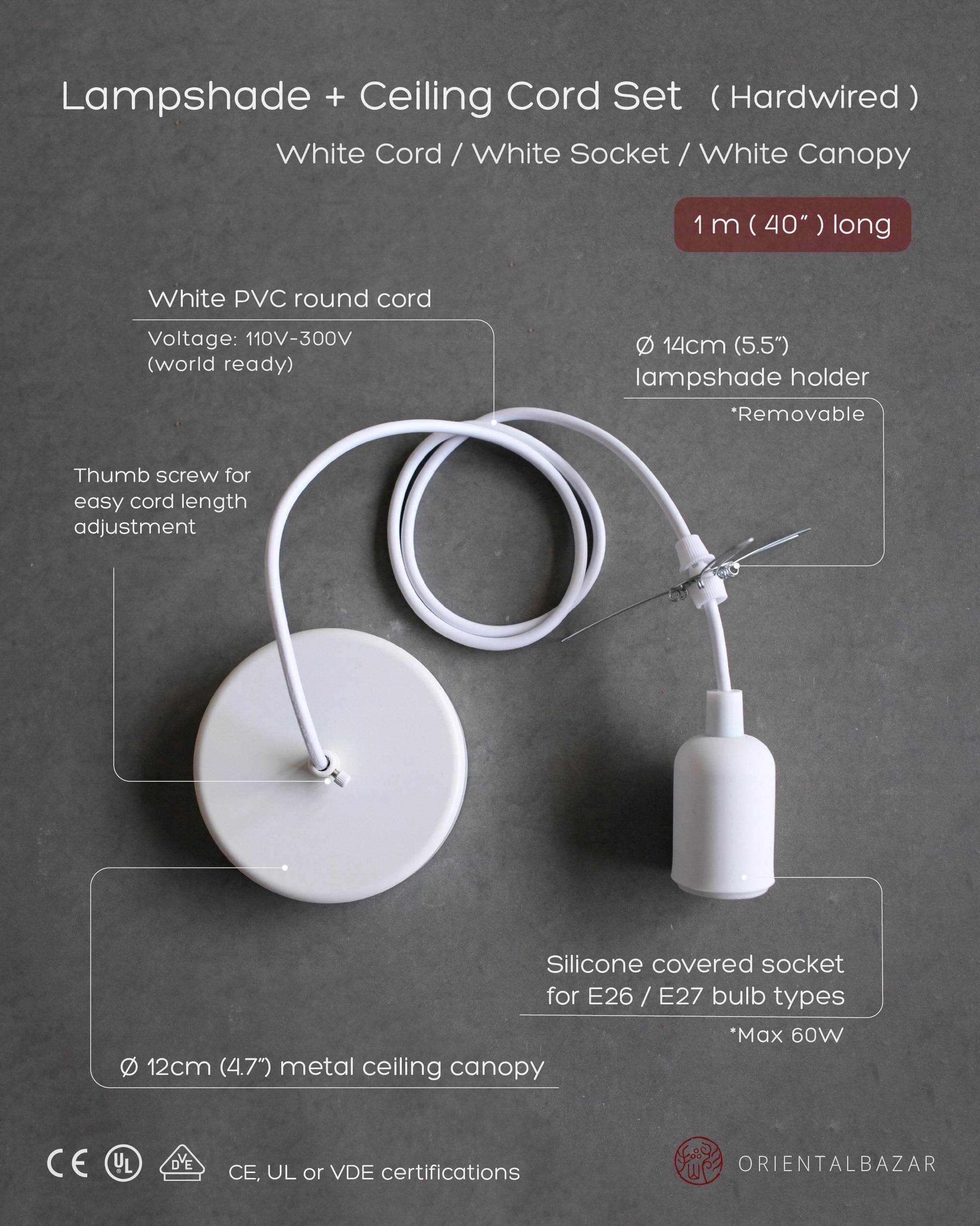 Ceiling cord set with white cord, socket, and canopy on a gray background.