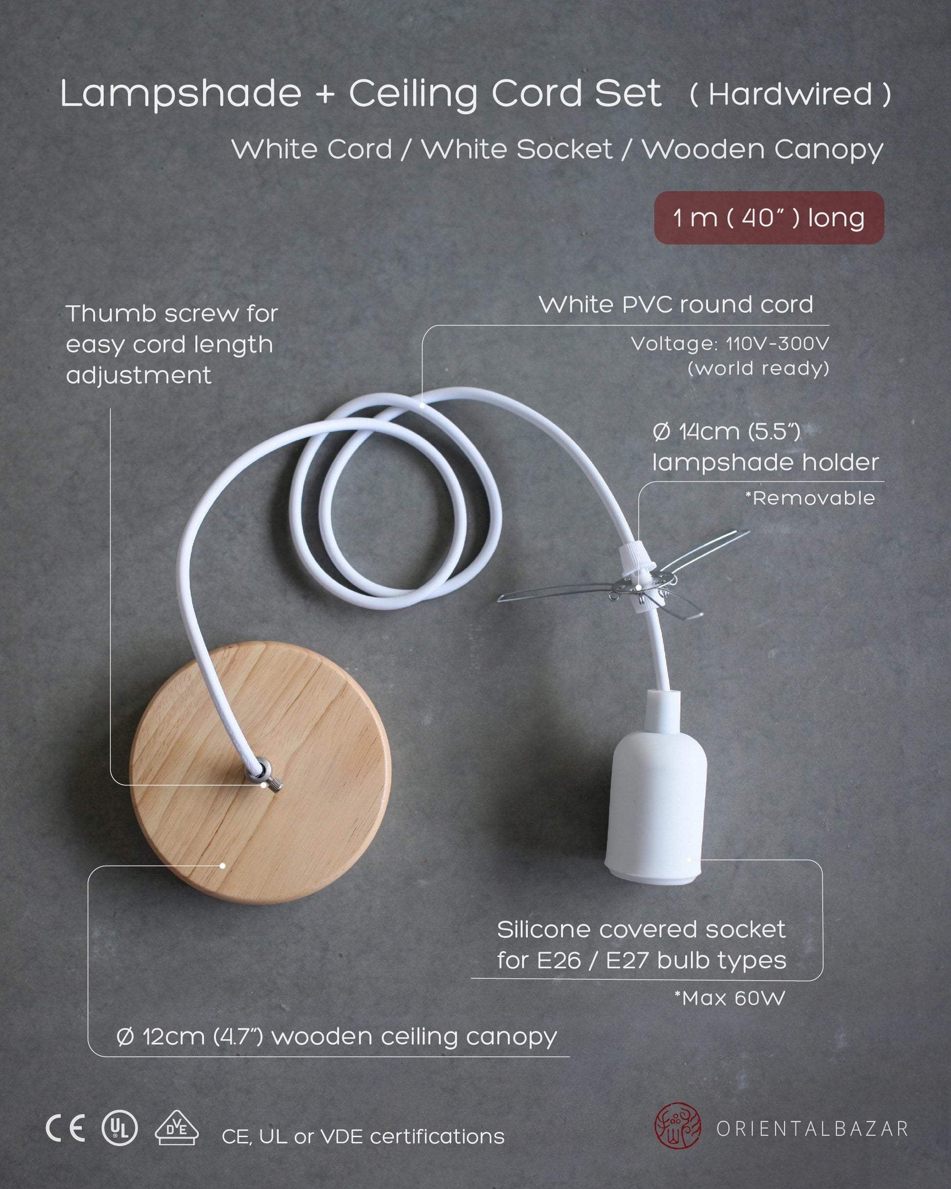 White ceiling cord set with wooden canopy on a gray background