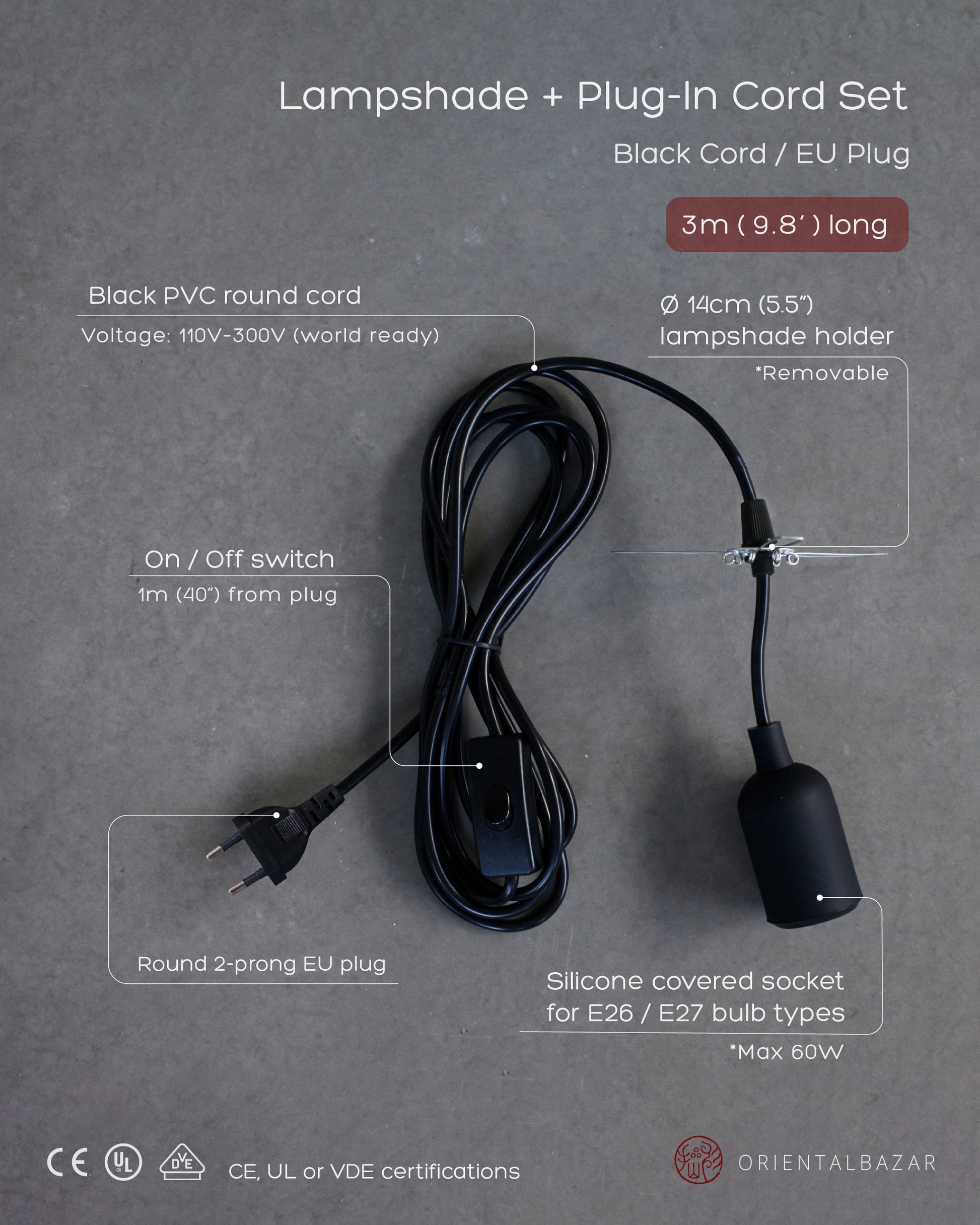 Black plug-in cord set with specifications on a gray background