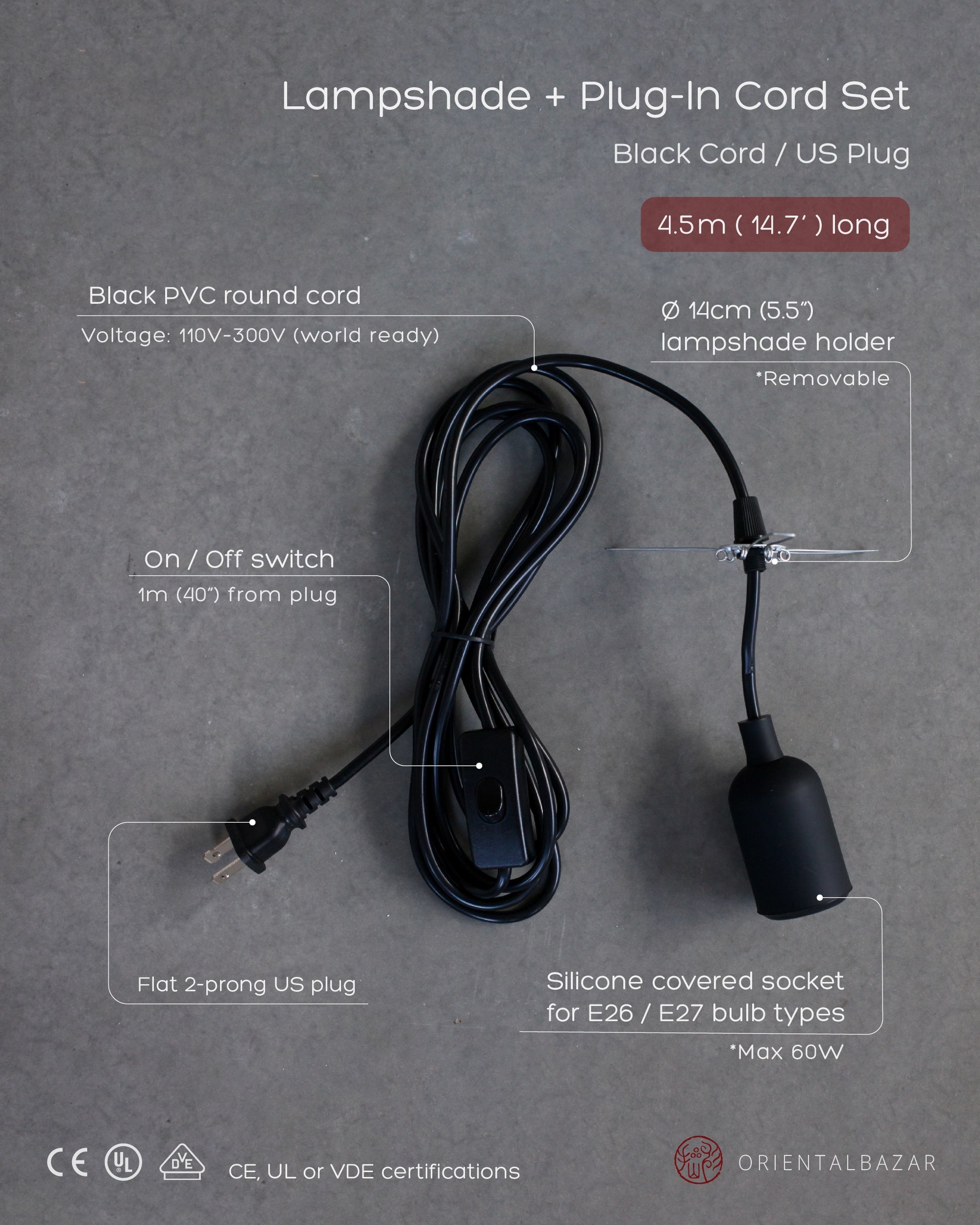 Plug-in lamp cord set with black cord and US plug on a gray background, featuring product details.