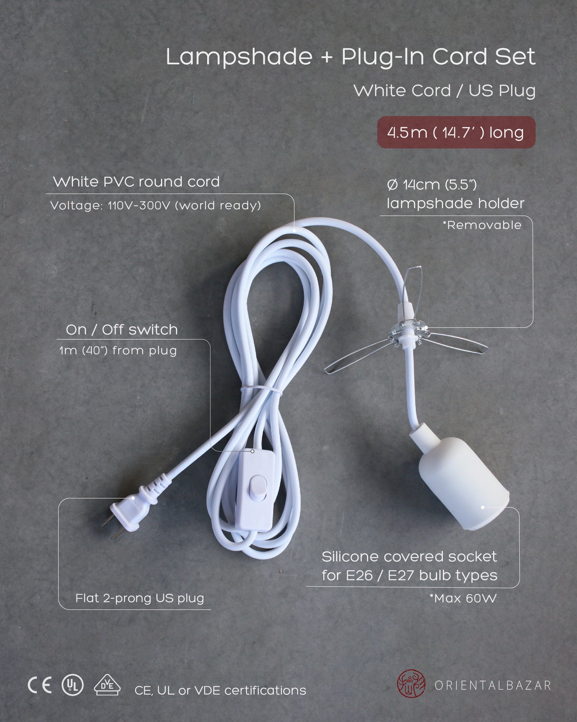 White plug-in cord set with specifications on a gray background