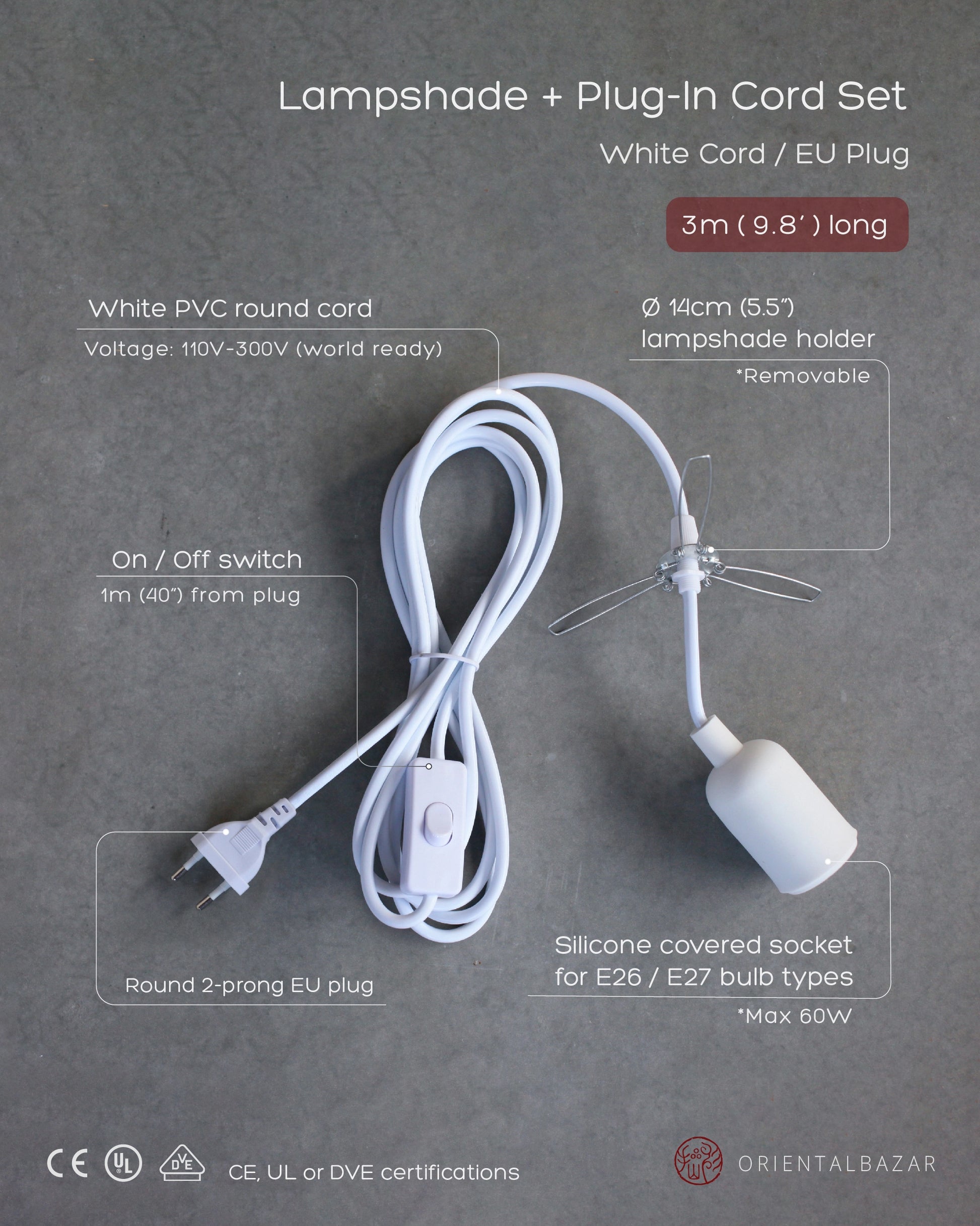 White plug-in cord set with specifications on a gray background