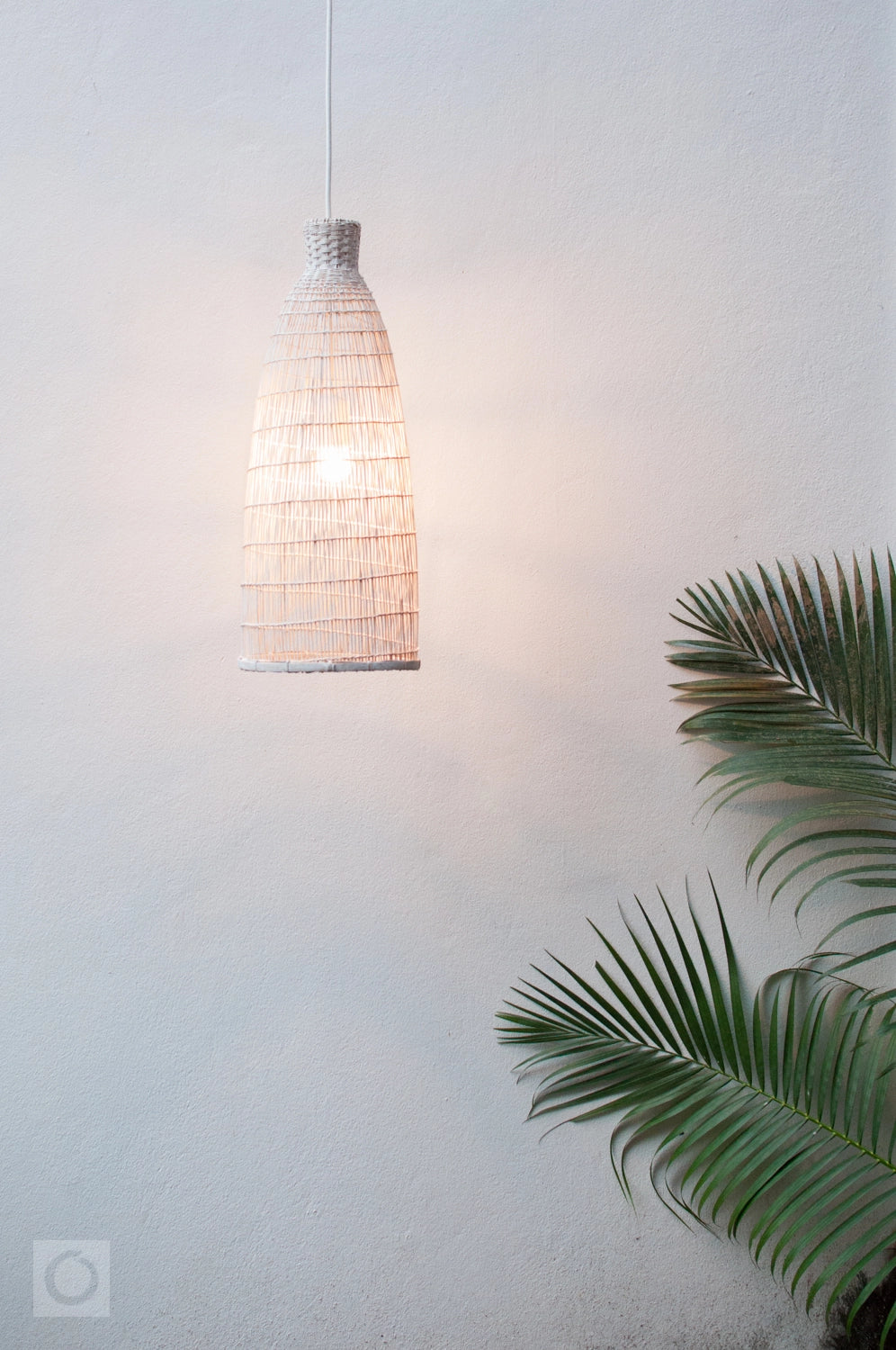 White woven bamboo pendant light fixture on a white wall with a leafy plant in the corner